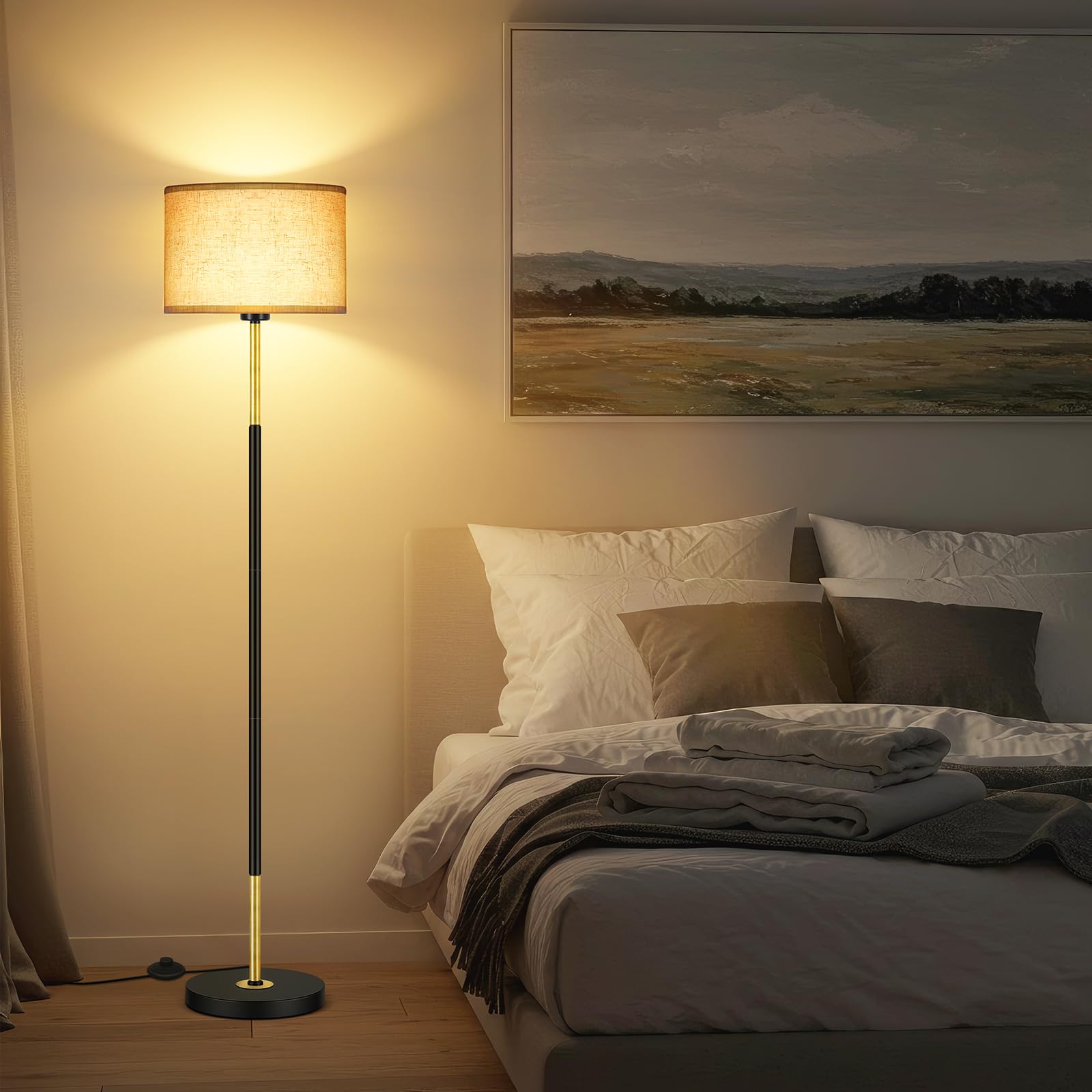 OUTON Lampa Podłogowa do Salonu 3 Temperatury Barwowe, Lampa Stojąca LED z Żarówką E27 i Przełącznikiem Nożnym, Nowoczesny Design Lampa do Czytania z Lnianym Abażurem do Sypialni, Biura(Czarno-Złota)