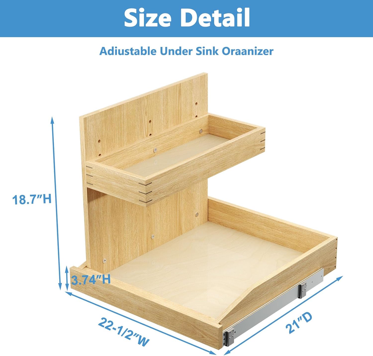 ROOMTEC Under Sink Organizers and Storage 22½” W x 21” D, 2 Tier Pull Out Cabinet Organizer with Soft Close, Adjustable Pull Out Cabinet organizer with U Bracket for Bathroom Kitchen(Left)