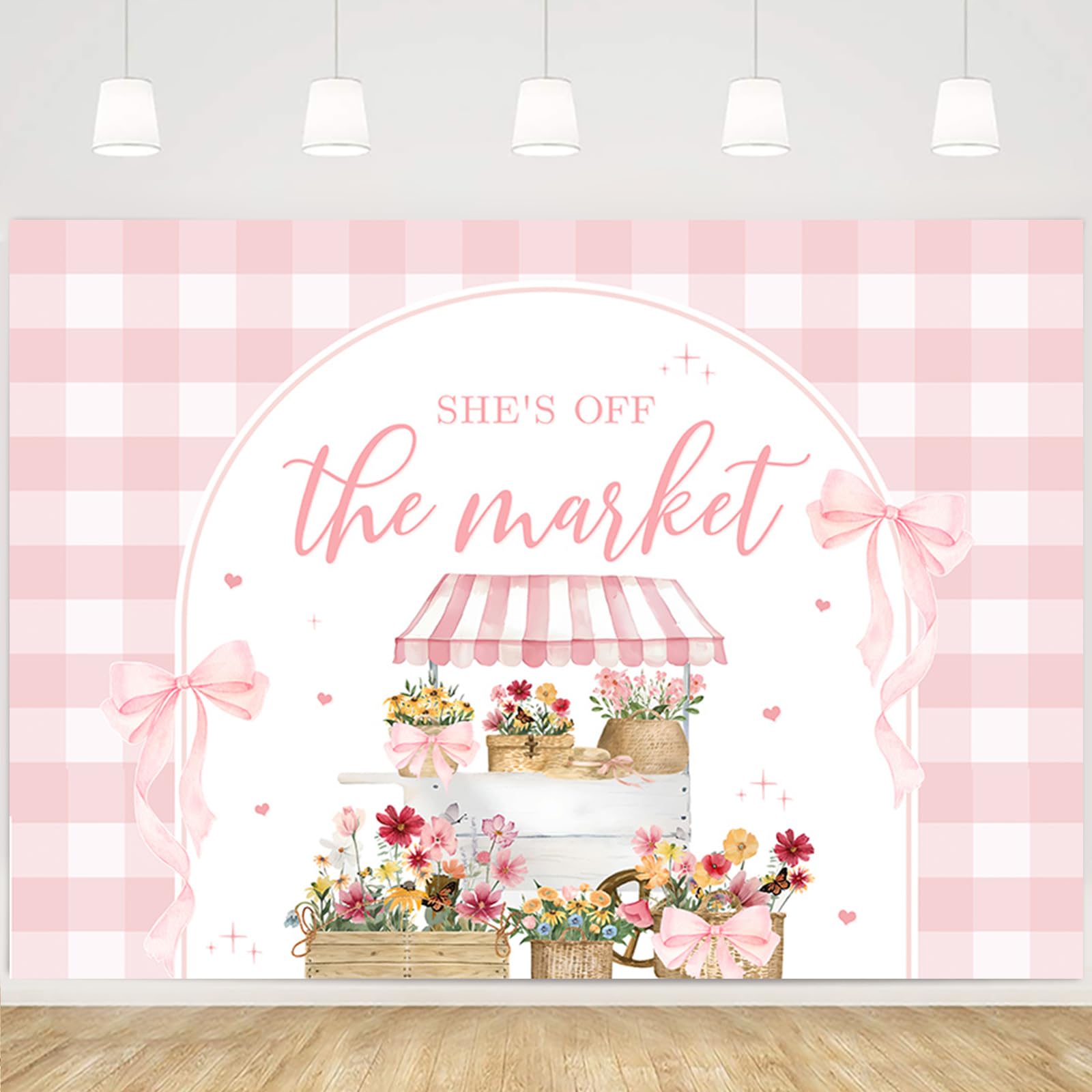 MEHOFOND She’s Off The Market Backdrop 7x5ft Pink Gingham Bridal Shower Background Farmers Market Floral Wedding Shower Photo Booth Decoration for