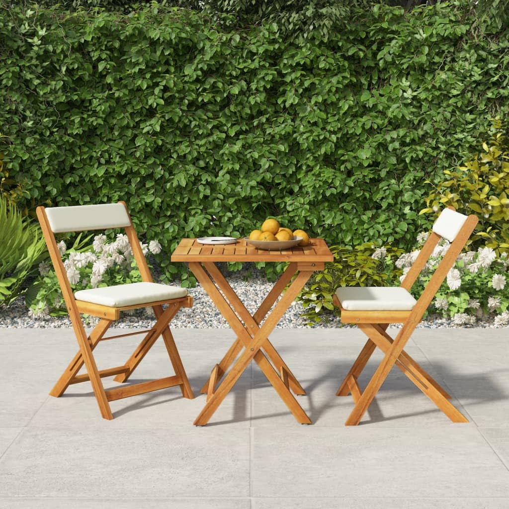 Ensemble de bistro pliable 3 pièces avec coussins en bois d'acacia massif, 1 table de 60 x 60 x 73 cm, 2 chaises de 40 x 53 x 80 cm, pour terrasse, balcon, jardin, peu encombrant et robuste