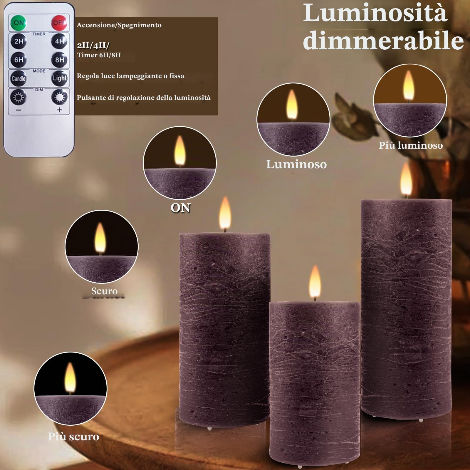 Candele LED Ricaricabili USB [3 pezzi] Candele a Pilastro Elettriche a LED Senza Fiamma, Tremolanti con Timer Remoto, Candele LED per Matrimonio Festa Halloween Natale Decorazione Della Viola