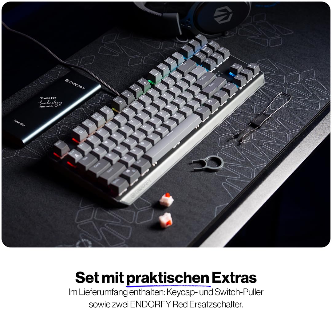 ENDORFY Thock V2 TKL DE EY5D036, mechanische Gaming-Tastatur, deutsches QWERTZ-Layout, lineare Red Switches, Hot-Swap, PBT-Keycaps, ARGB, abnehmbares USB-C-Kabel, 3-Lagen-Schalldämmung, Grau