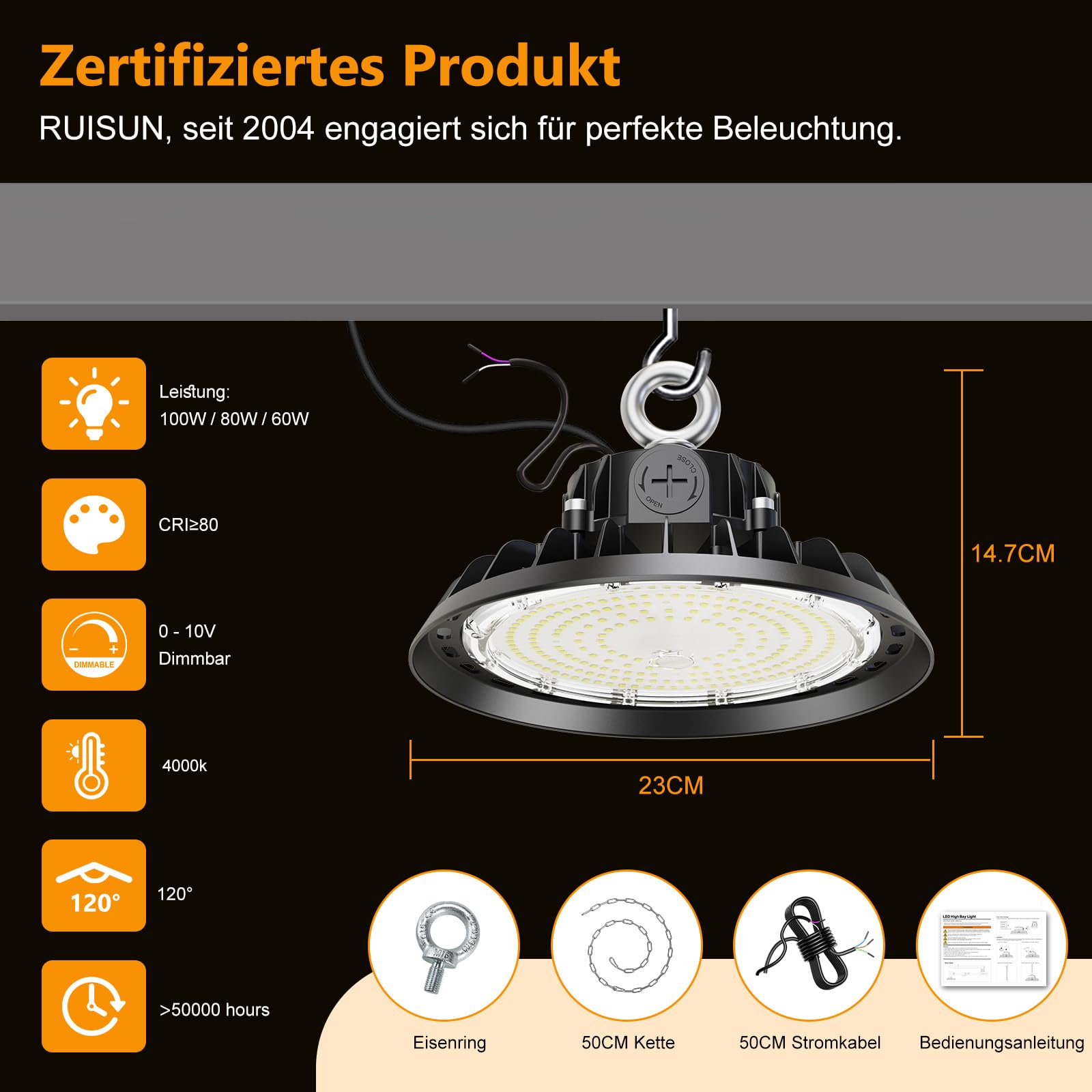 UFO LED 100W Werkstattlampe Superhelle Werkstatt Deckenleuchte Dimmbare 60W/80W/100W High Bay Light 17000LM LED Hallenstrahle Treiber 4000K IP65 Industriestrahler 120° für Fabriken, Lager