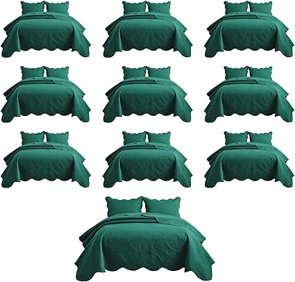 IR Imperial Rooms 10 Pack Queen Quilt Bedding Set (90" x 96") - Bulk Wholesale for Hotels, Guest Bedroom & Airbnbs - Lightweight Microfiber Reversible Floral Embossed Quilts Bedspreads (Emerald)