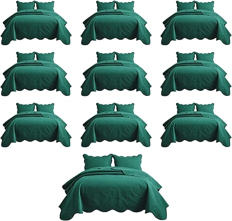 IR Imperial Rooms 10 Pack Queen Quilt Bedding Set (90" x 96") - Bulk Wholesale for Hotels, Guest Bedroom & Airbnbs - Lightweight Microfiber Reversible Floral Embossed Quilts Bedspreads (Emerald)