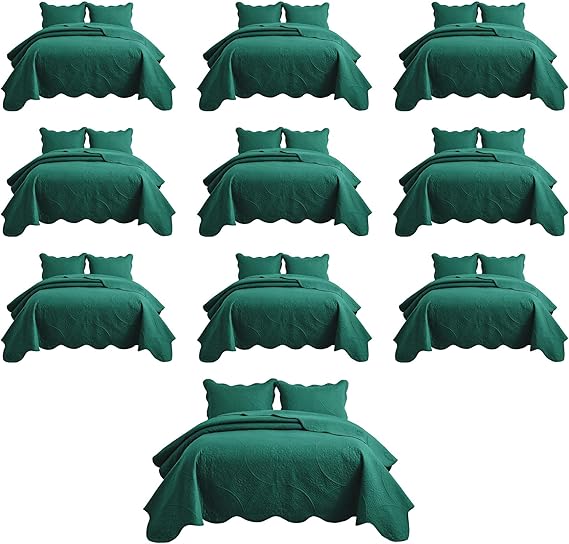 IR Imperial Rooms 10 Pack Queen Quilt Bedding Set (90" x 96") - Bulk Wholesale for Hotels, Guest Bedroom & Airbnbs - Lightweight Microfiber Reversible Floral Embossed Quilts Bedspreads (Emerald)