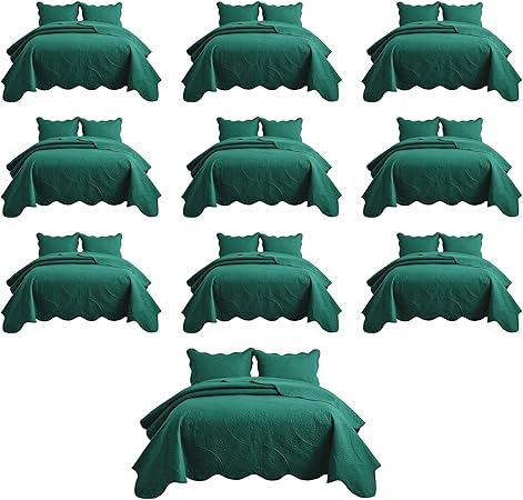 IR Imperial Rooms 10 Pack Queen Quilt Bedding Set (90" x 96") - Bulk Wholesale for Hotels, Guest Bedroom & Airbnbs - Lightweight Microfiber Reversible Floral Embossed Quilts Bedspreads (Emerald)