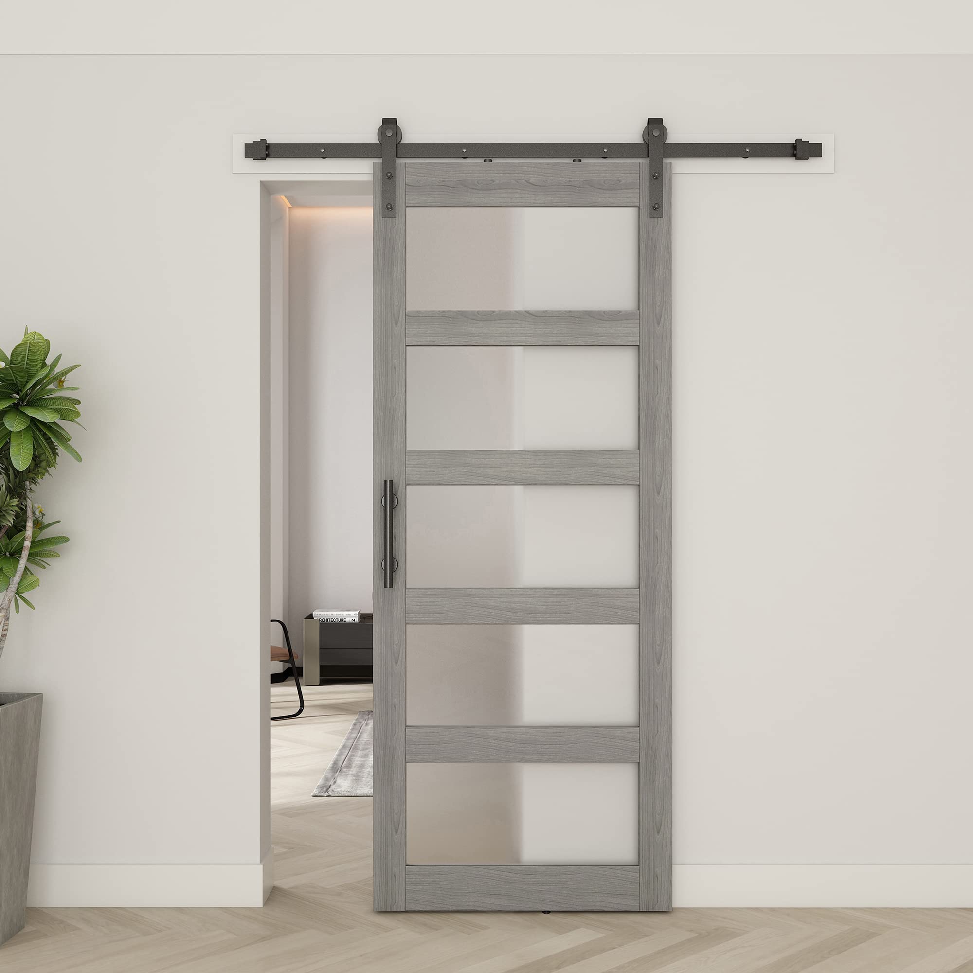 BARNSMITH 30in x 84in Glass Barn Door with 5FT Sliding Door Hardware Kit Included & Handle,5-Panel Frosted Glass Solid Wood Slab with Water-Proof PVC