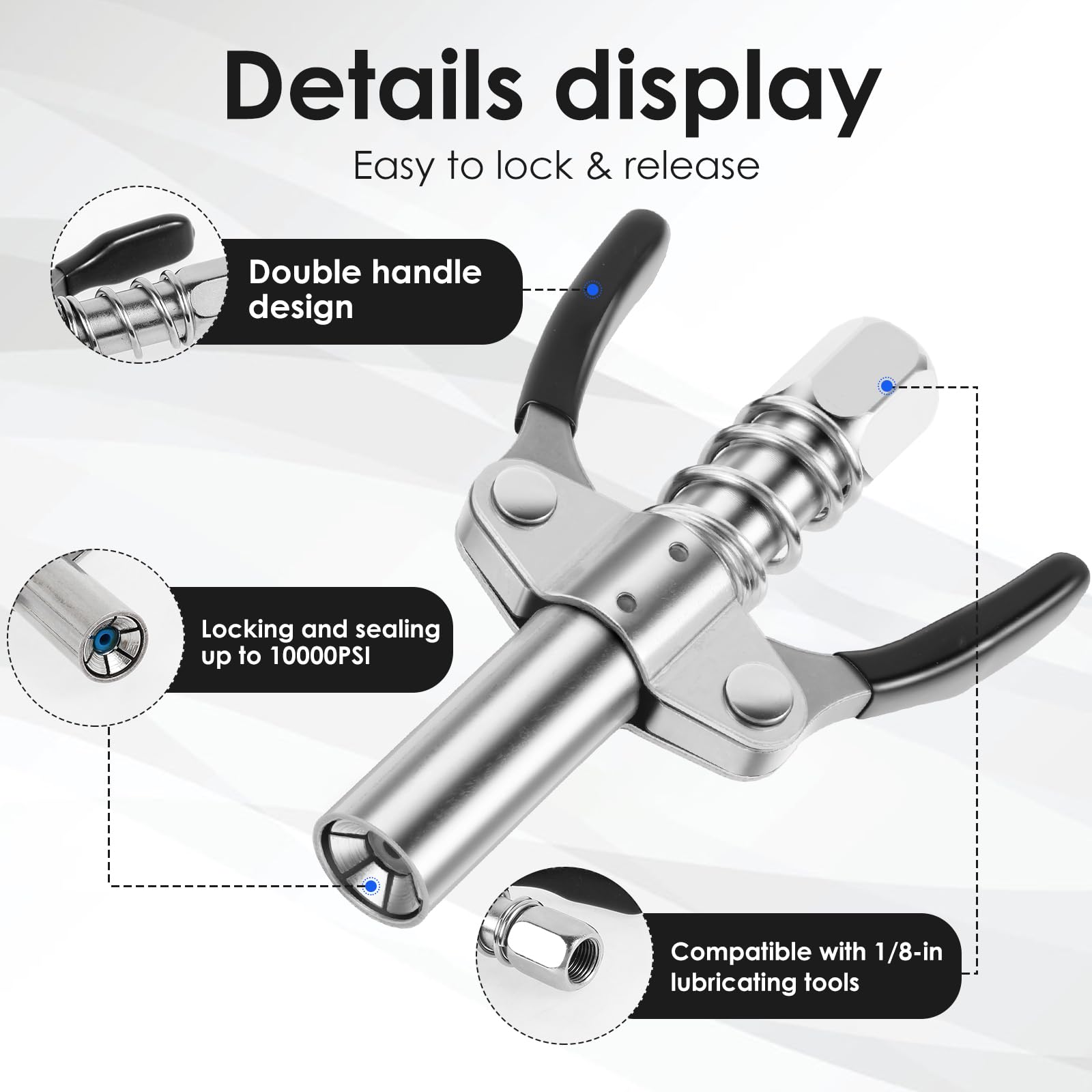 Kit De 4 Accesorios Para Pistola De Engrase – Adaptador 90°, Acoplador Doble Manija, Aguja Y Dispensador, De Acero Al Carbono