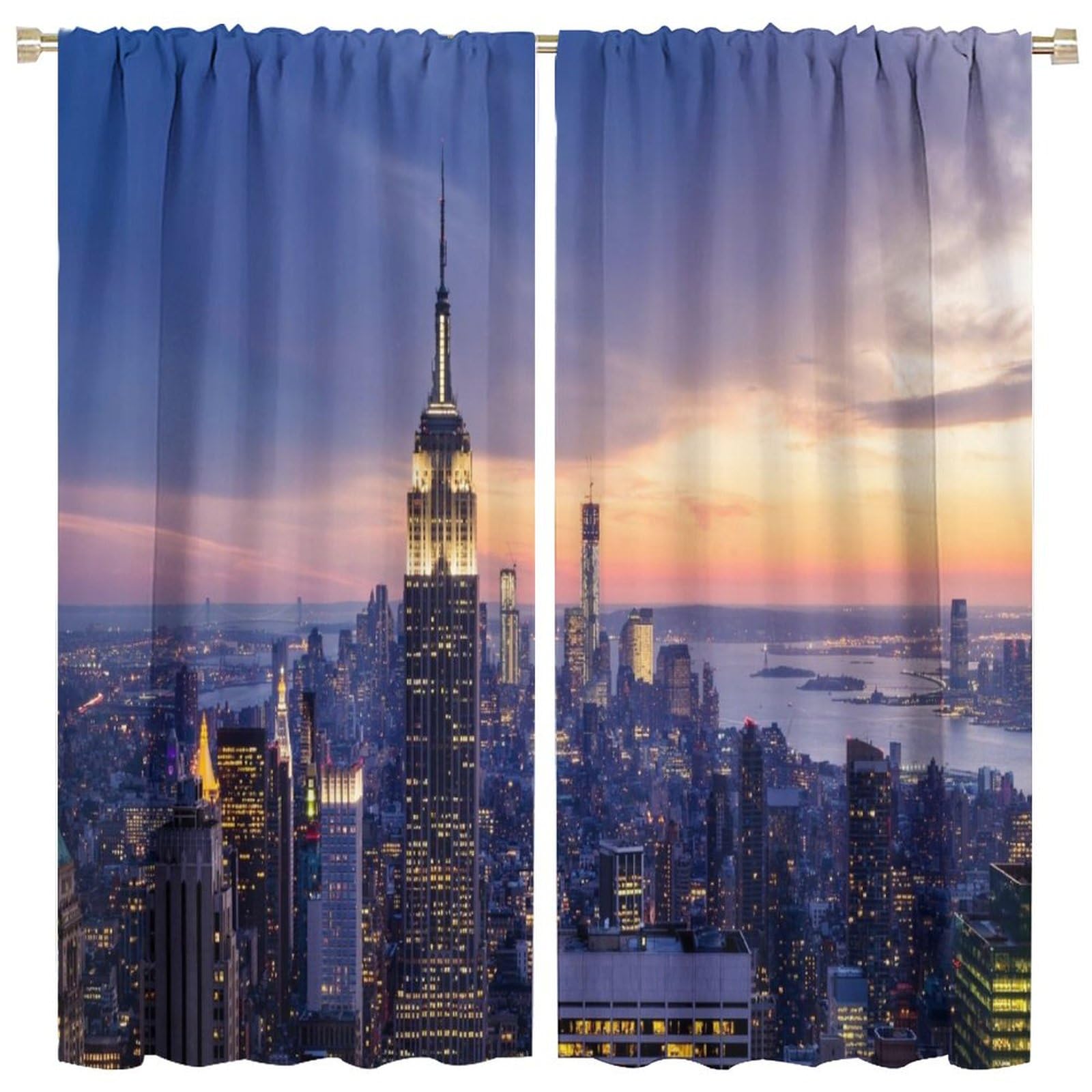Modern Curtains, New York City Skyline with A Skyscrapers at The Night with Sunset American Urban Li for Living Rooms and Bedrooms Drapes 2 Panels 84x84in
