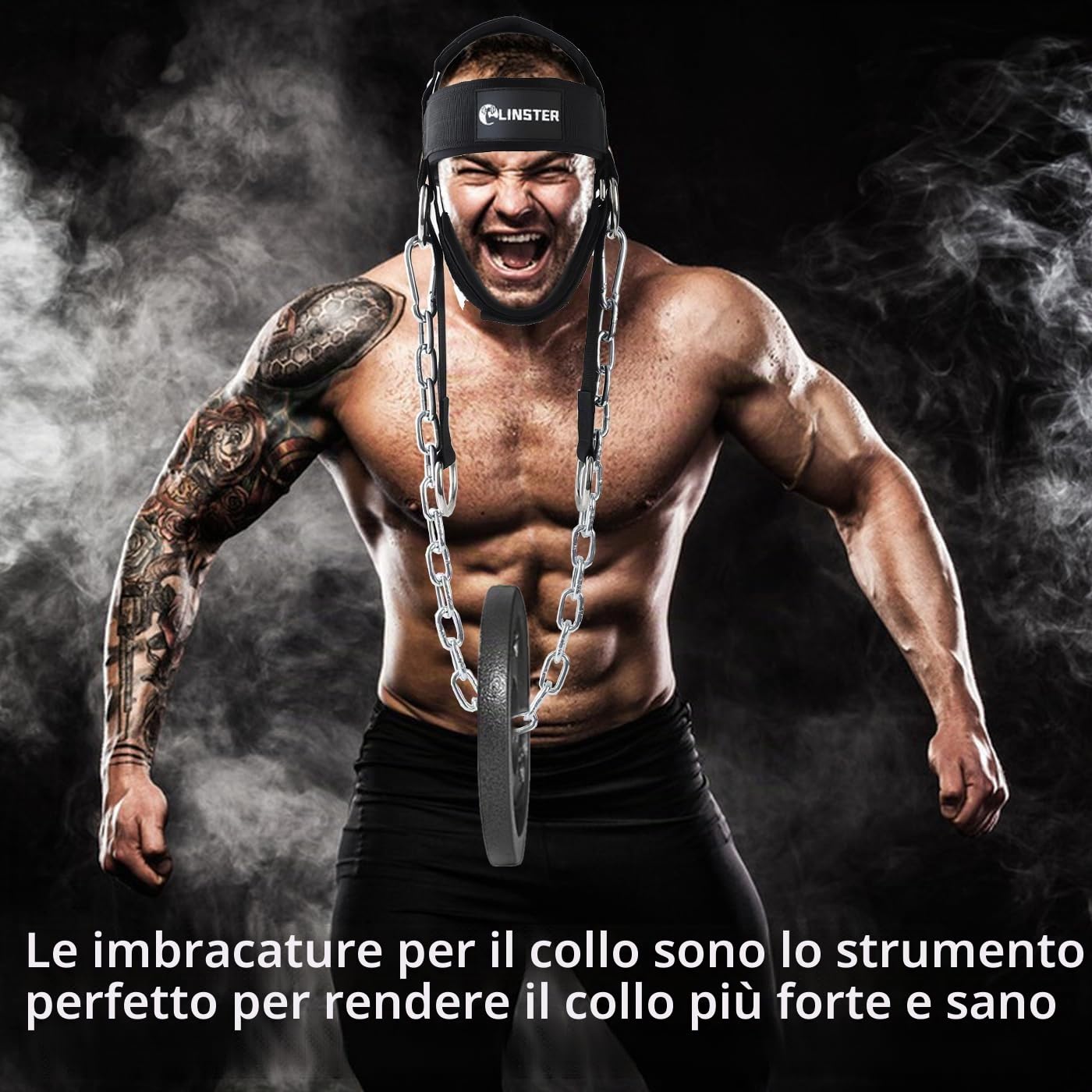 LINSTER Allenamento Collo, Neck Builder Strap con 5MM Neoprene Imbottita Head Harness E Regolabile Dip Catena Acciaio Lunga, Supporto Allenamento Collo Pesi Imbracatura, Pesi Boxe Gym Trainer