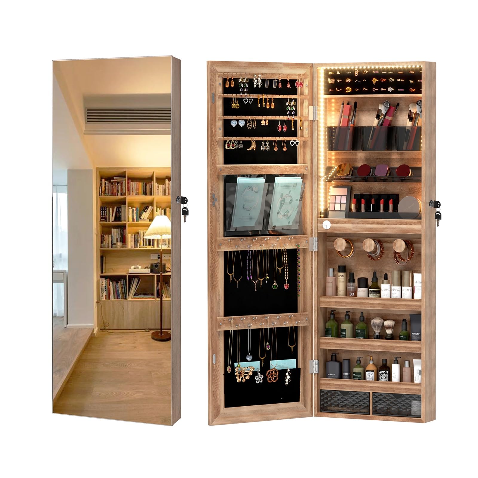 HXYhydrypd HXYhydrypd Espejo Joyero de Pared, Armario Joyero con Espejo, Organizador Joyas con Cerradura para Regalo de Mujer, Decoracion Salon