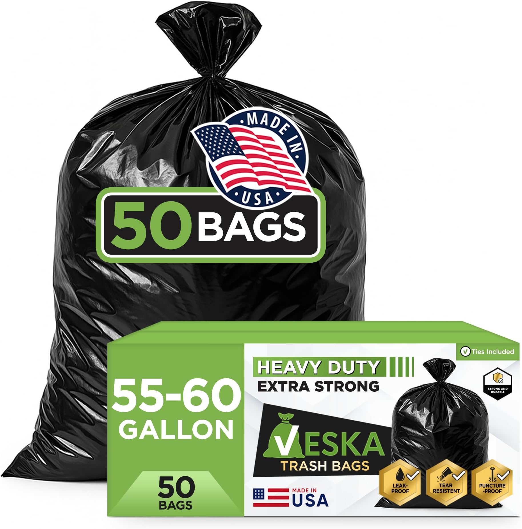 55 Gallon Trash Bags Heavy Duty, (Value-Pack 50 Count w/Ties) 55-60 Gallon Trash Bags Large Black 50-60 Gallon Garbage Liners for Lawn, Leaf, and Commercial