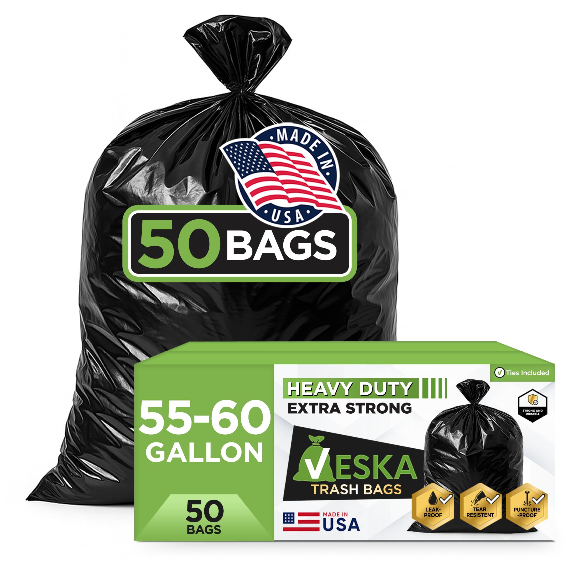 55 Gallon Trash Bags Heavy Duty, (Value-Pack 50 Count w/Ties) 55-60 Gallon Trash Bags Large Black 50-60 Gallon Garbage Liners for Lawn, Leaf, and Commercial