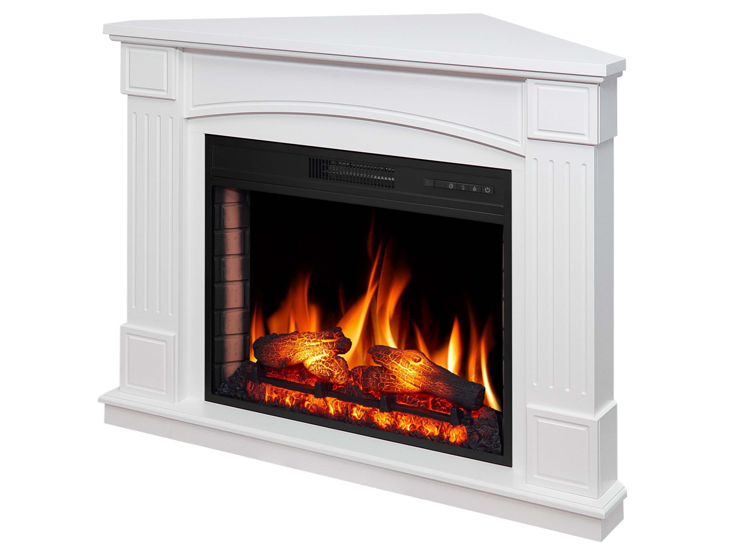 Boston Corner AF28S Caminetto elettrico con effetto fiamma a LED, legna realistica, riscaldamento fino a 30 m², risparmio energetico, installazione libera o ad angolo, bianco