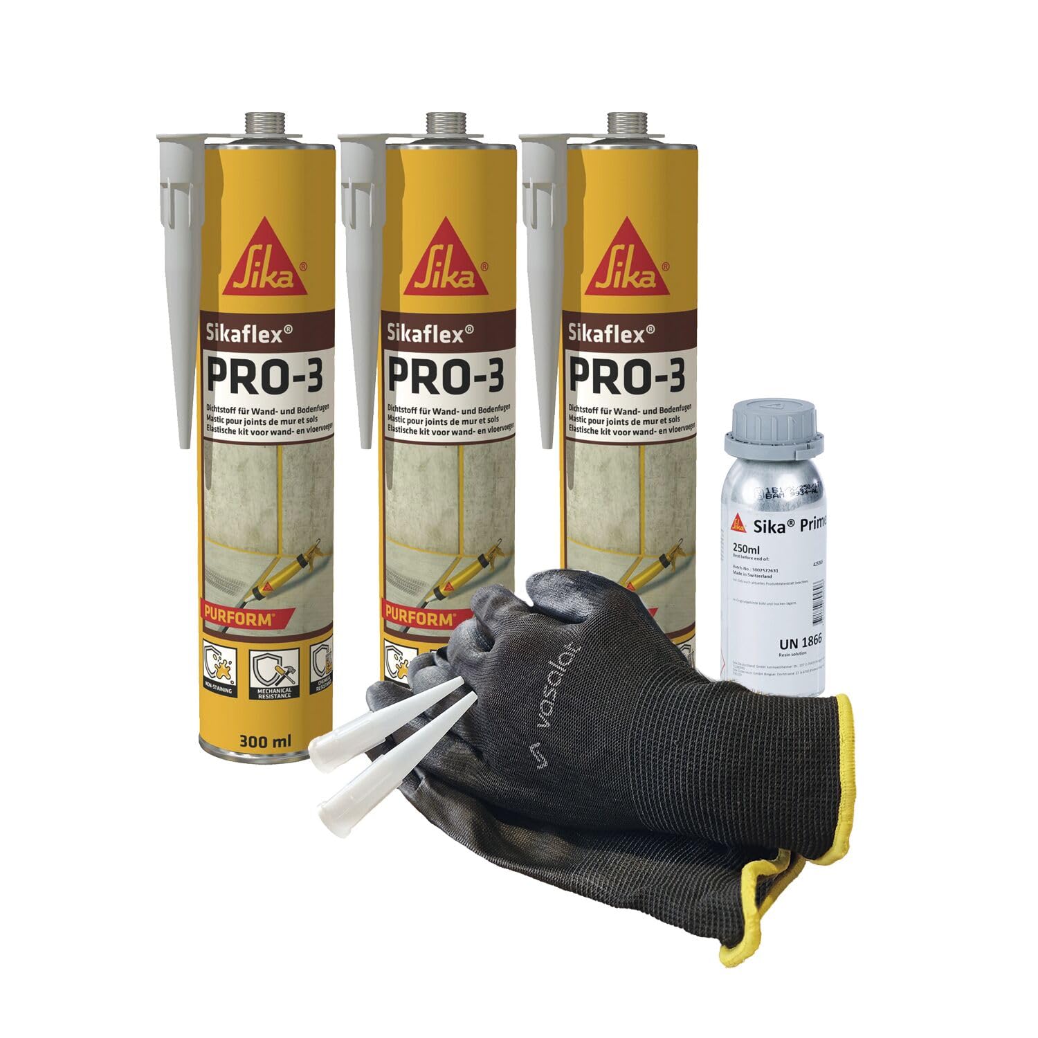 Sikaflex PRO-3 betongrau 3x 300ml Dichtstoff für Fugen - mit Aktivator 205 und Primer 210 zur Abdichtung von Buntmetall mit 5 Düsenspitzen