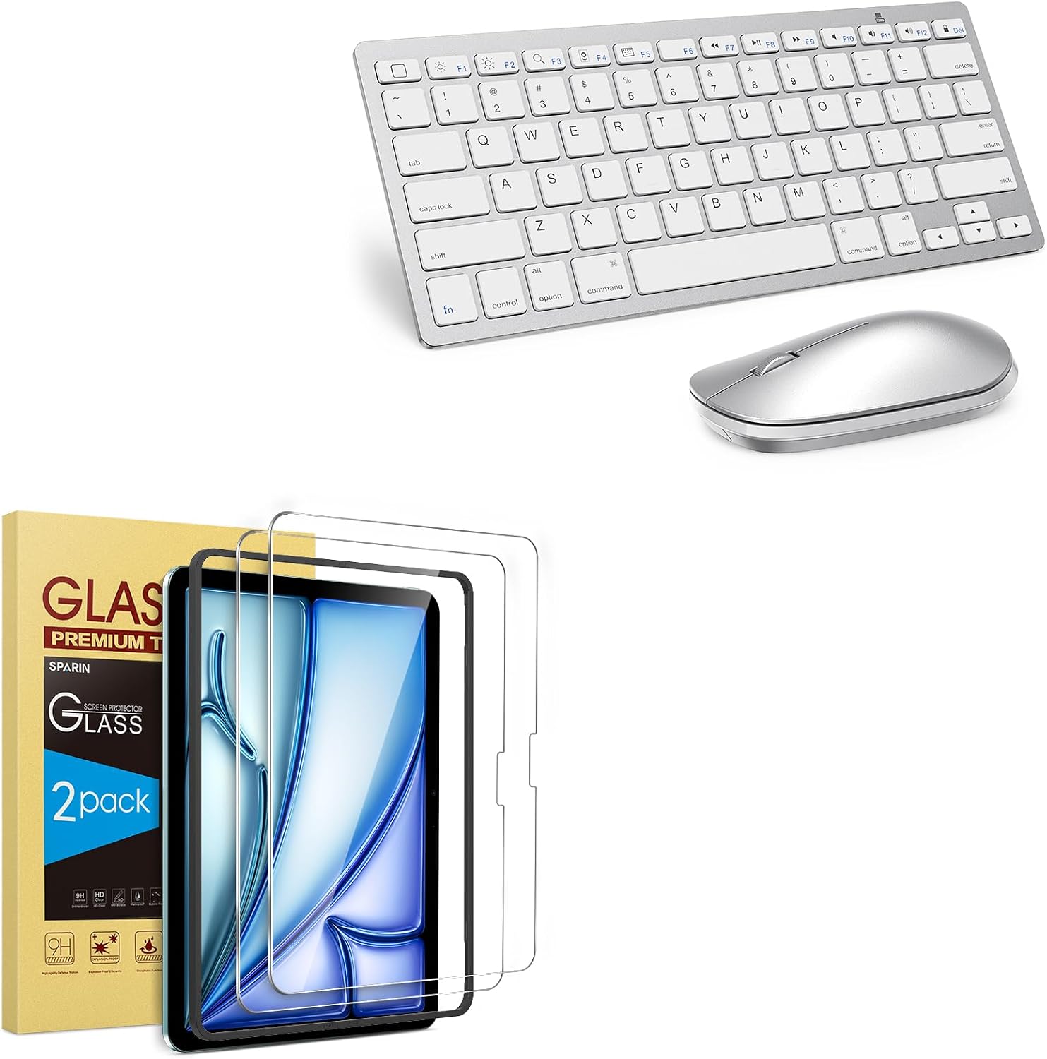 SPARIN 2 Pack Screen Protector & Bluetooth Keyboard Mouse Combo for iPad Air 11 inch M2-Silver