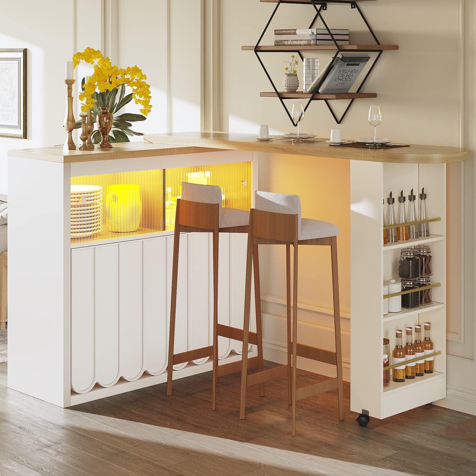 Table de Bar Extensible avec Espace de Rangement,Table Bar Cuisine Pivotant à 360° Moderne avec LED,Meuble de Rangement pour Cuisine,Salon,Salle à Manger,135-205×39×100cm (Blanc-B)