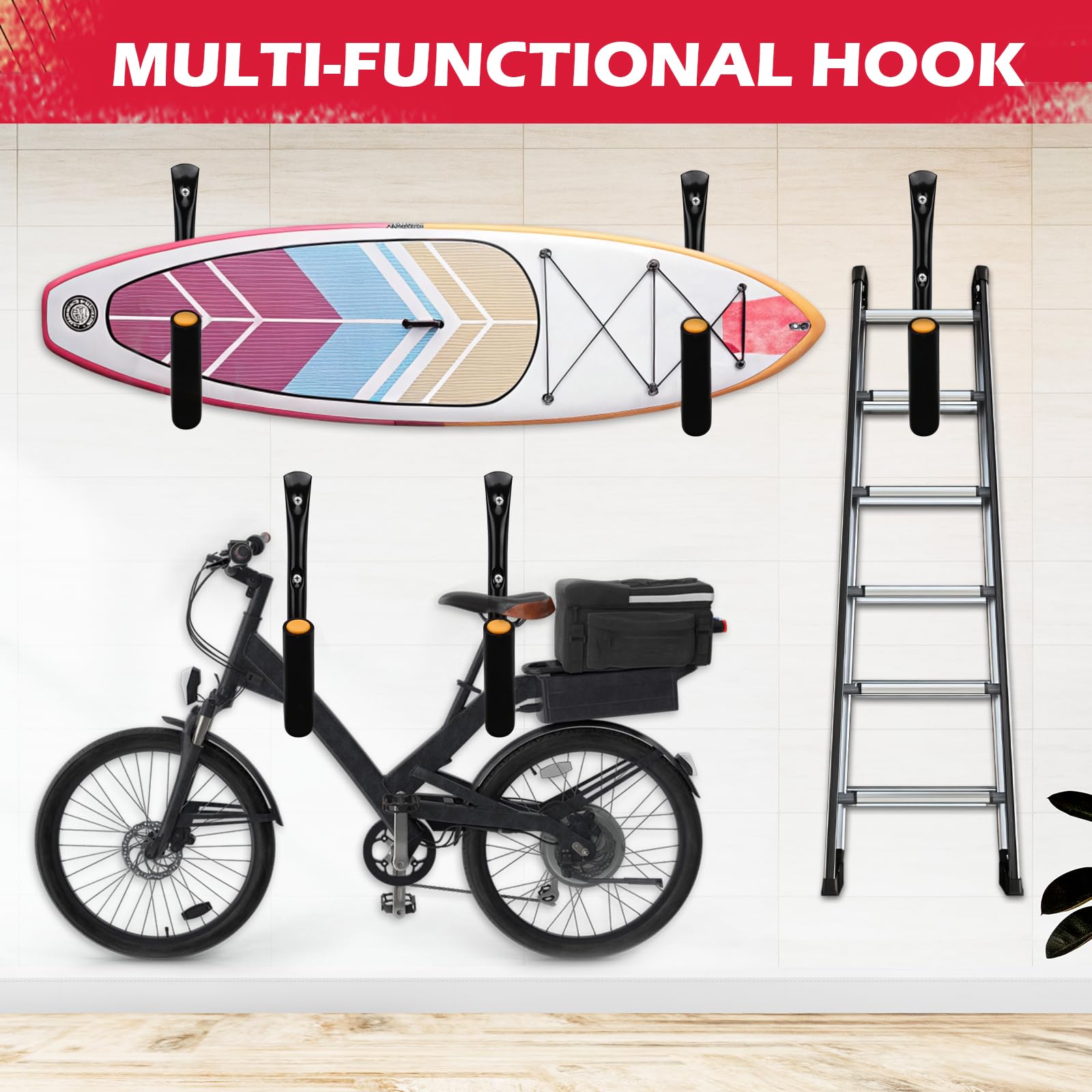 SEDY Kajak-Aufbewahrungsregal Garagenhaken: 4-teiliges 38,1 cm robustes Jumbo-Arm-Kajakregal hält 45,4 kg Wandhalterung, Garagenaufbewahrungshaken zum Aufhängen von Surfbrett, Snowboard, Paddelboard,