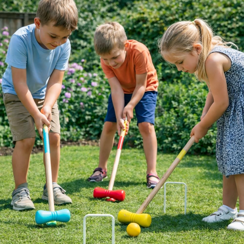 Jeu de Croquet en Bois pour 4 Joueurs, avec Maillets, Boules, Arceaux Métalliques et Filet de Rangement, Jeu de Jardin