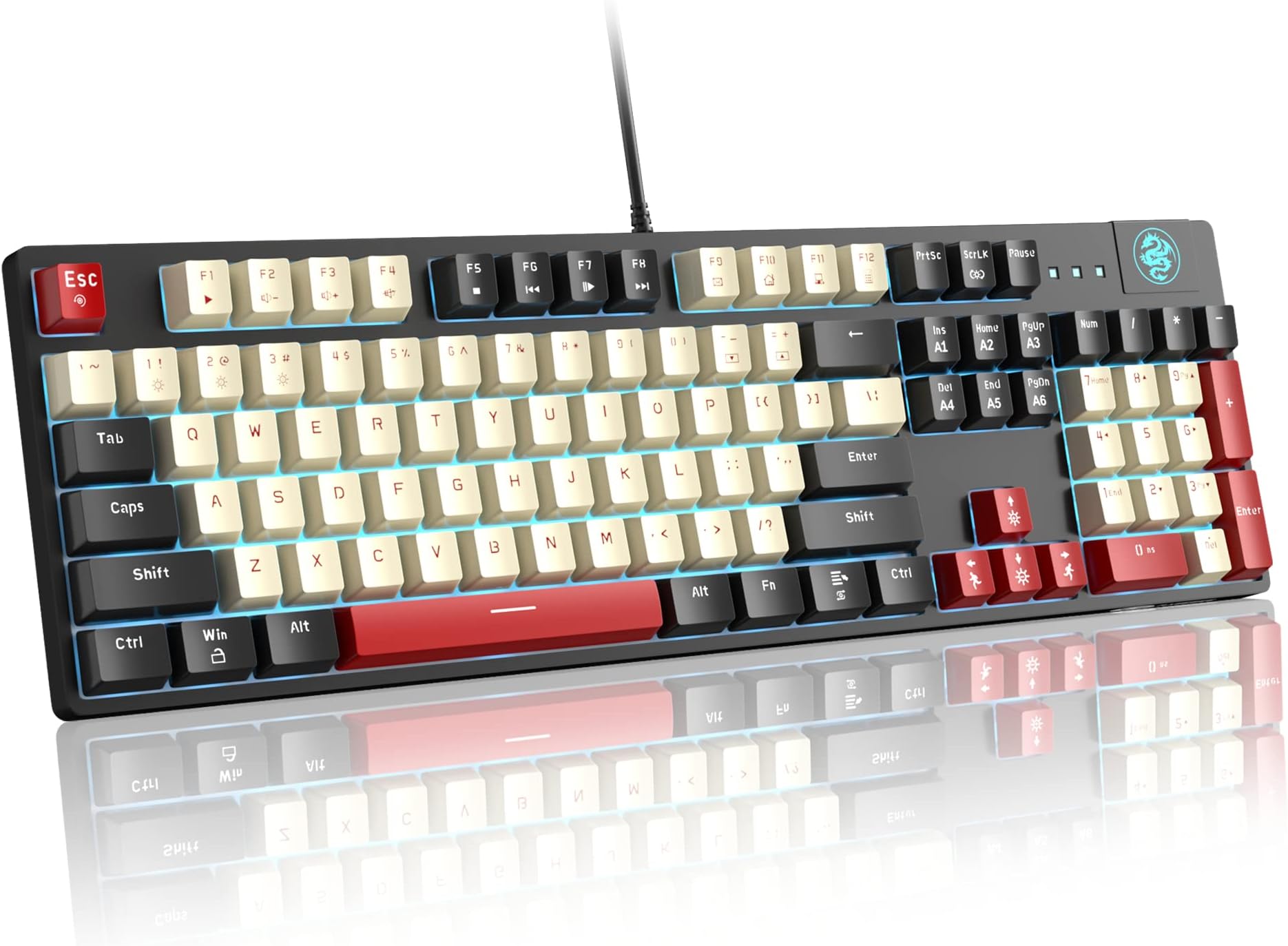 MageGee Mechanical Gaming Keyboard MK-Armor LED Blue Backlit and Wired USB 104 Keys Keyboard with Red Switches, for Windows PC Laptop Game(Black&White)…