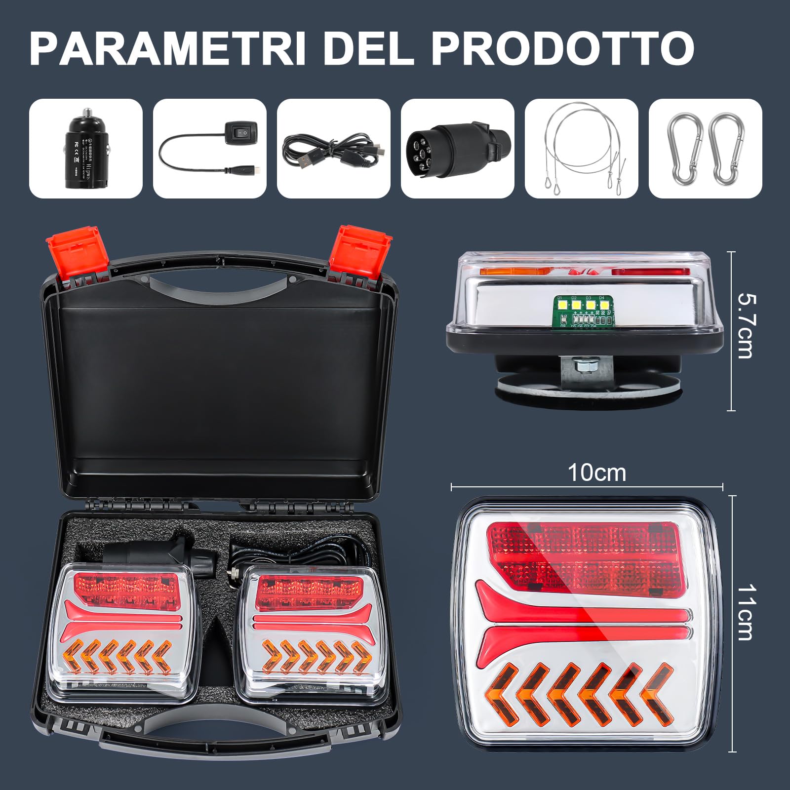 Dinfu Luci Posteriori Wireless WiFi Magnetiche per Rimorchio a batteria - Kit di Illuminazione LED a 7 Pin + caricatore USB + cordino antifurto per Auto, Camion, Trattori, Rimorchi e Caravane