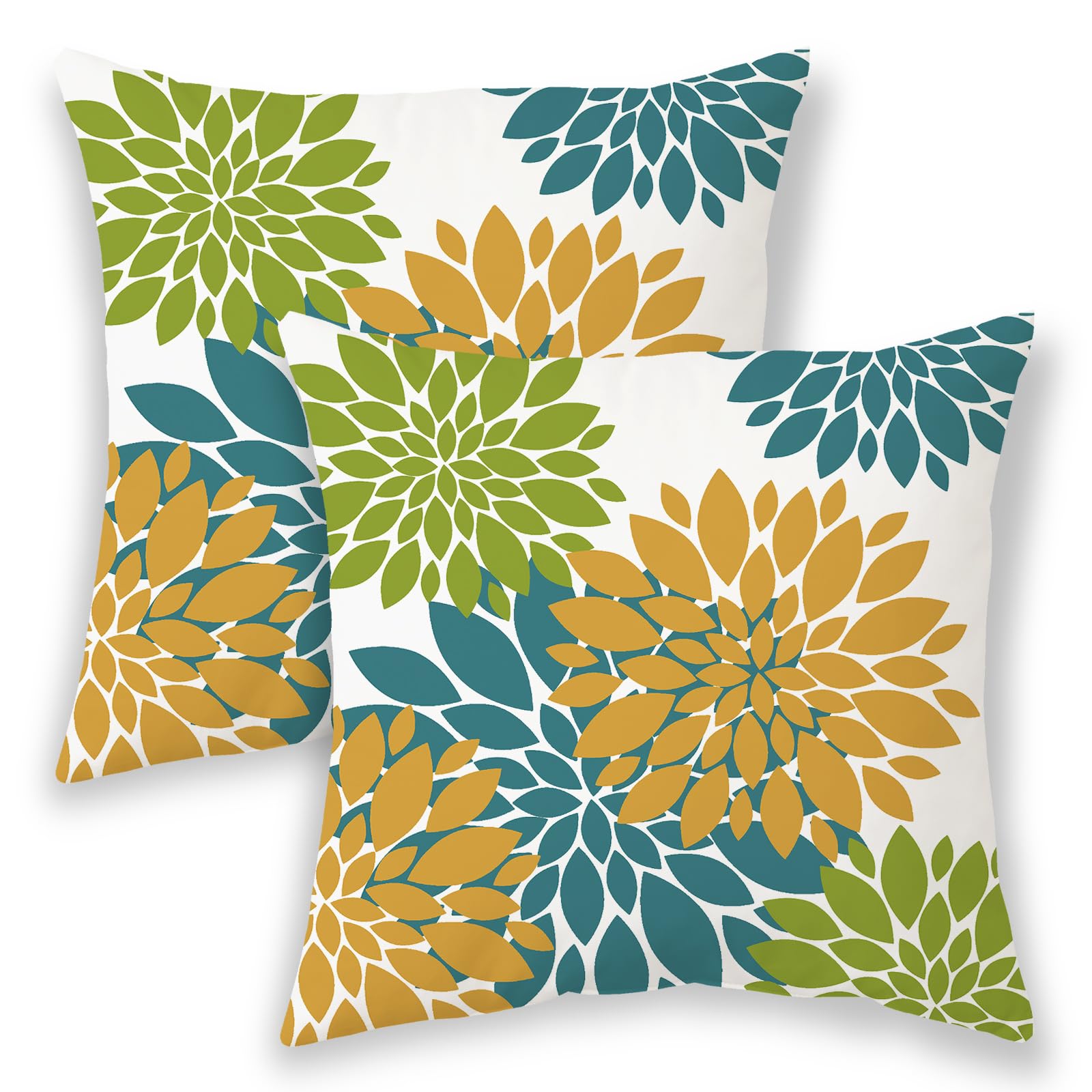 Yellow Sage Green Teal Pillow Covers 18x18 Inch 2 Pcs,Modern Geometric Dahlia Decorative Throw Pillows for Couch,Summer Flower Outdoor Decor