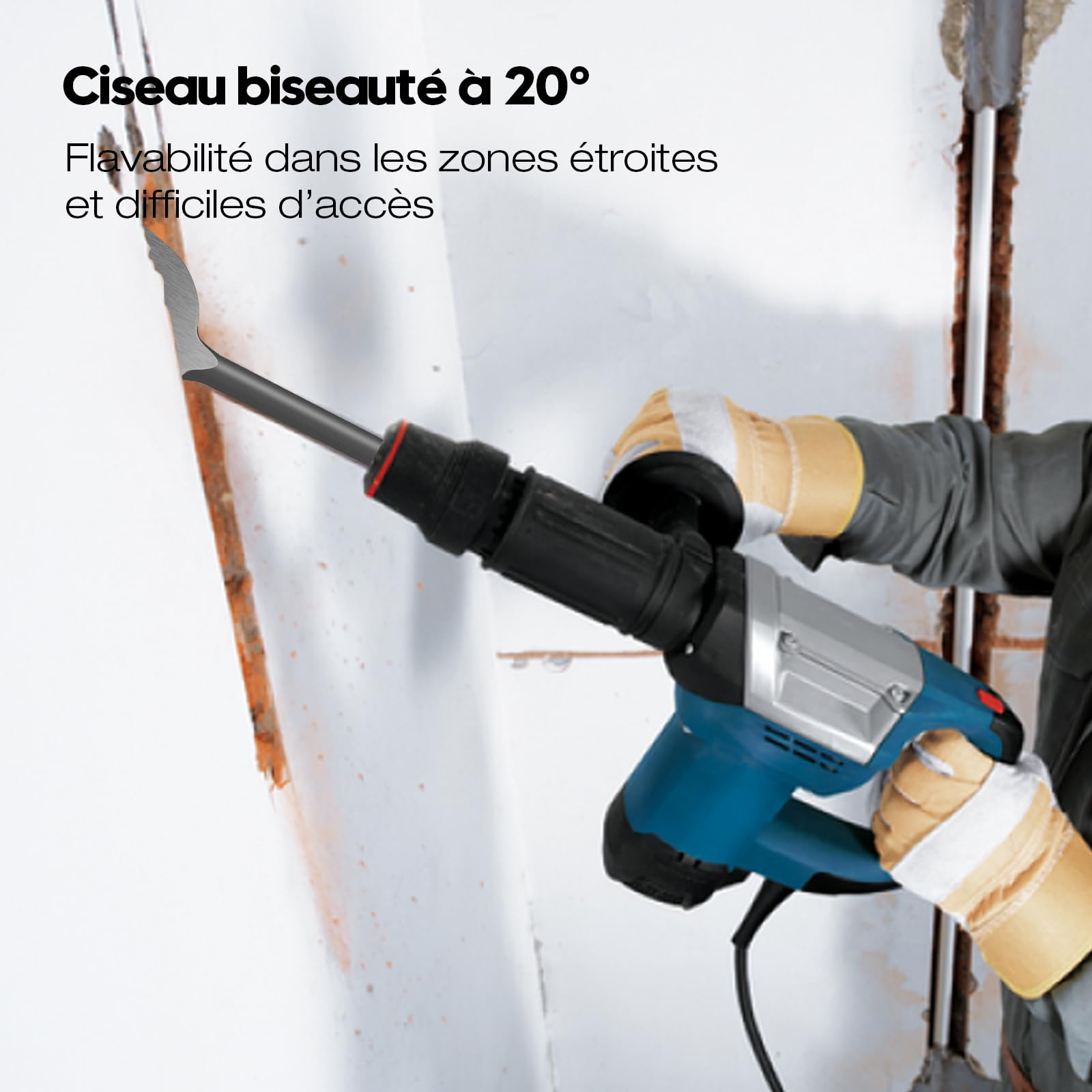Burin SDS Plus 2 Pièces, Burin Plat & Burin Coudé à 20°, 250 x 75mm, Acier Allié 40Cr, Burin Carrelage pour Marteau Perforateur SDS Plus, Burin de Demolition pour Carrelage, Béton, Pierre