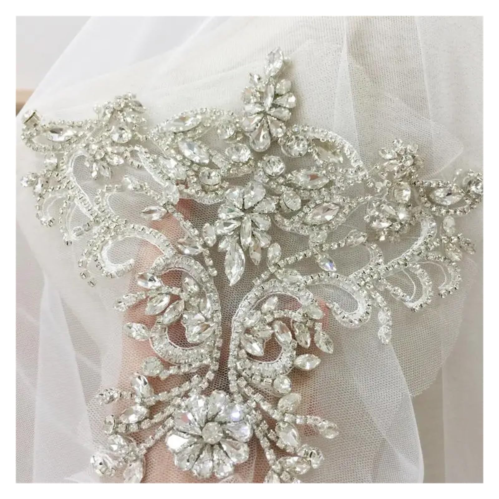 Rhinestone Crystal Appliques, Tulle Crystale Beading Lace Collar With Backing Wedding Dress Belt Bridal Cover Up 15x20(Silver)
