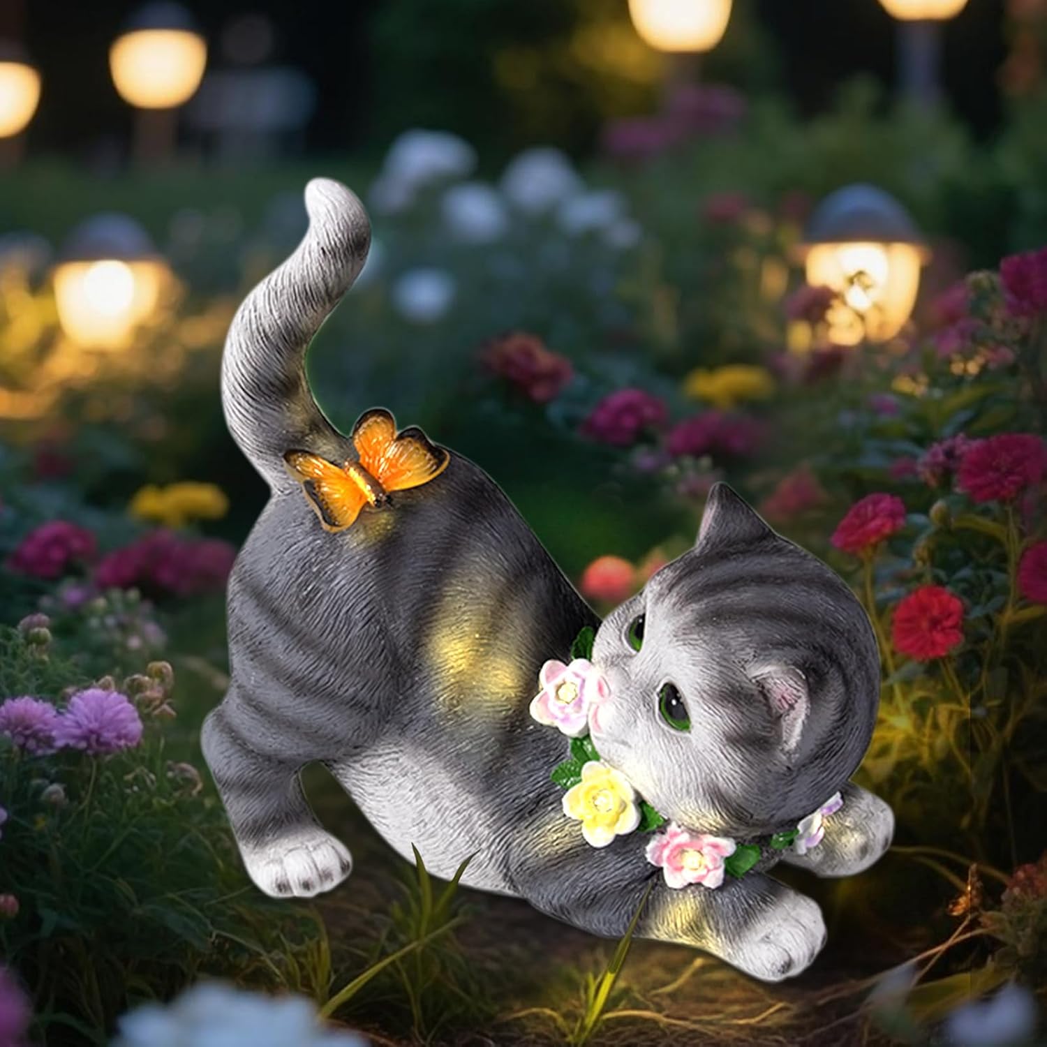Solar Garden Statue Cat Figurine, Resin Solar Lights with Flower Decor for Outside, Yard Art Patio Balcony Lawn Decorations, Unique Gifts for Mom Grandma Women and Cat Lover (Black)