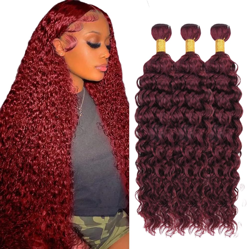 Water Wave Human Hair Bundles #99j Burgundy Red Perruques Extensions Double Weft Unprocessed Brazilain Remy Hair Weave Extension With Minimal Tangle 3 Bundles Total 300g 12 12 12 Inch