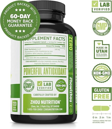 Miniatura 2 de Zhou Extracto de té verde con EGCG, metabolismo, energía natural, enfoque mental, apoyo inmunológico, fórmula cardíaca antioxidante y saludable, sin