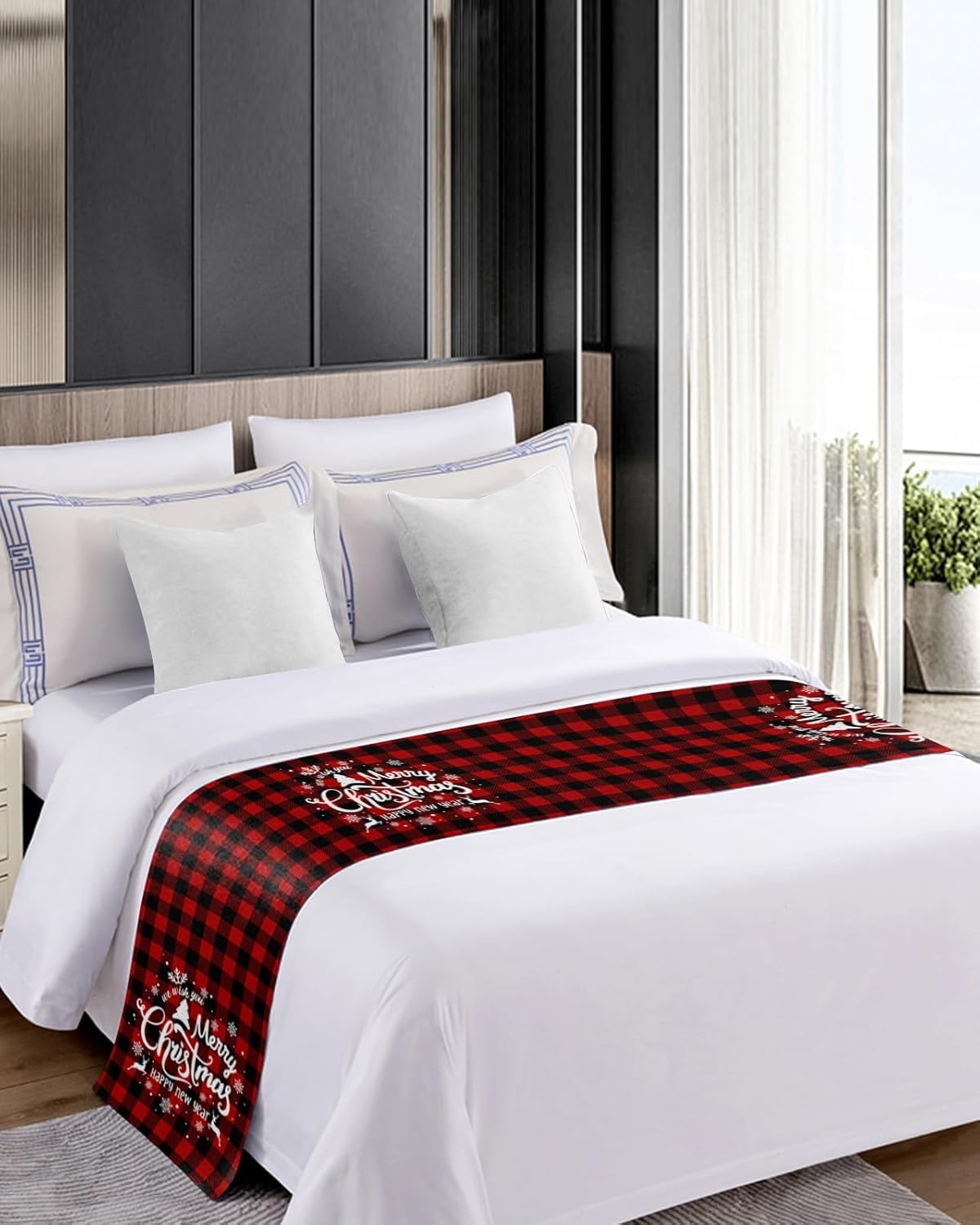 Bed Runner Scarf, Merry Christmas Snowflake Xmas Elk Red Black Buffalo Plaid King Bed Bedding Scarves Cover Decorative Bed Scarf for Home Hotel Guesthouse Bedroom Wedding Room Guestrooms 83"x20"