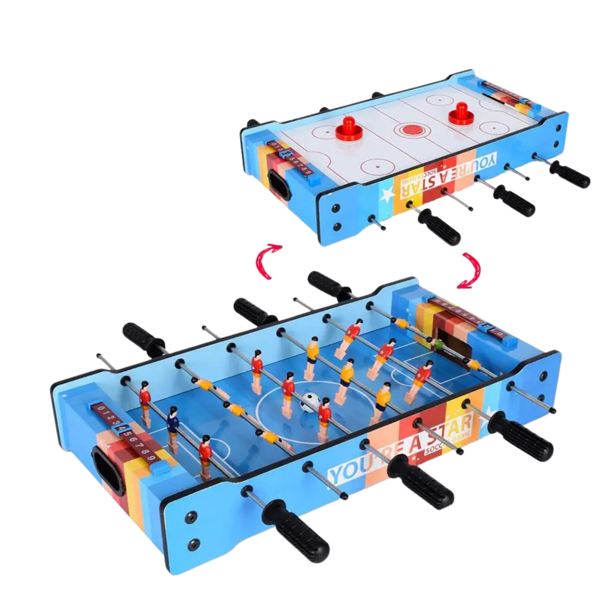 FCOUMY Mesa De Juegos 2 En 1 De Madera – Futbolín Y Hockey Sobre Mesa En Un Solo Tablero, Multijuego Familiar Para Niños Y Adultos