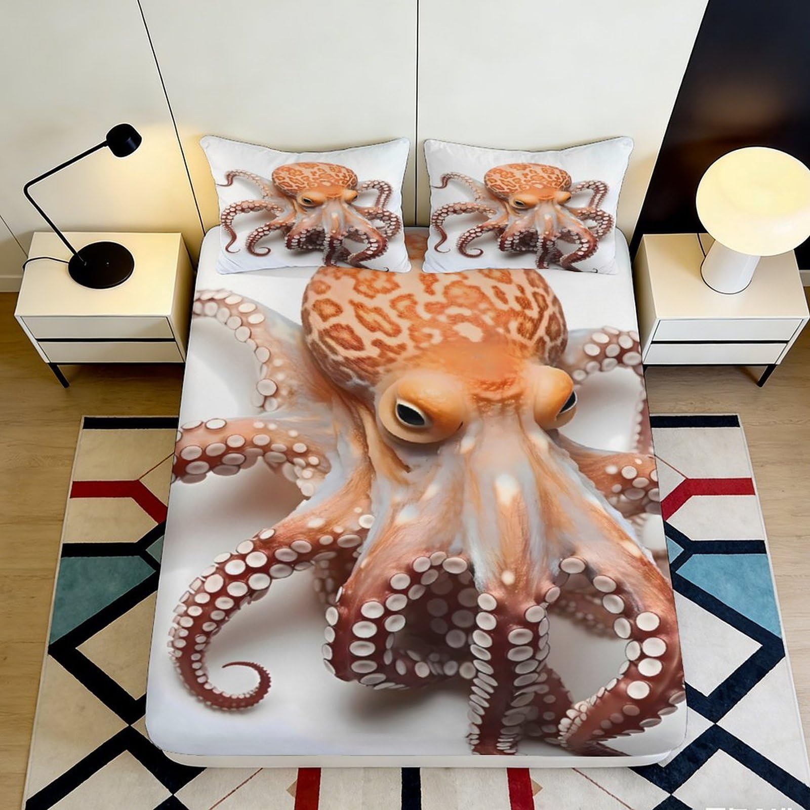 3D Printed Orange Octopus Fitted Sheet Microfiber Soft Breathable Sea Creature Bed Cover for Bedroom Dorm Mattress Protection Decor 140x200x25cm