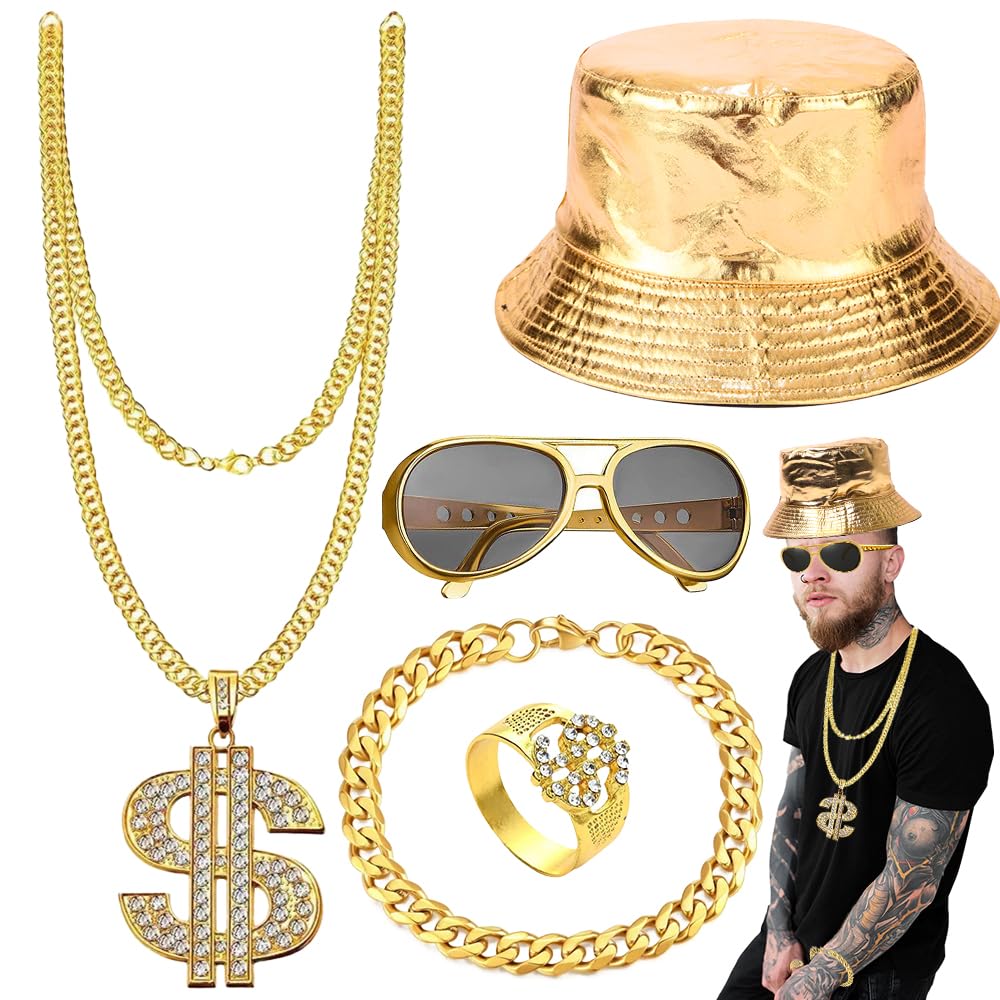 Mineup 5PCS Hip Hop Costume kit, 80s 90s Hip Hop Fancy Dress Accessories with Hat Disco Gold Dollar Sign Necklace Bracelet Rings Sunglasses, Old Style Cool Rapper Outfits Carnival for Women Men Hippie