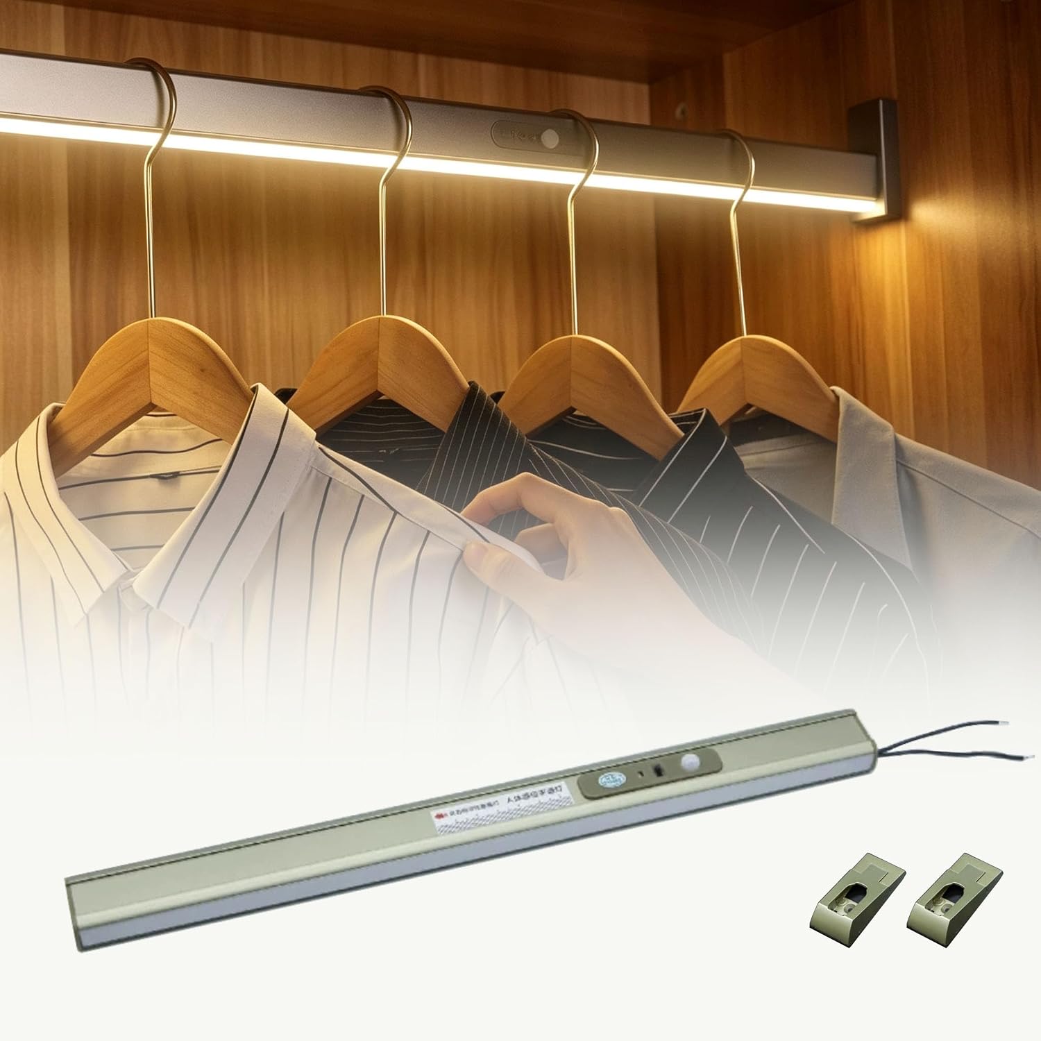 Oval Closet Led Rod for Hanging Clothes with Motion Sensor Lighting, 31.49in Cuttable Wiring Closet Hanging Rods with End Support for Cabinet