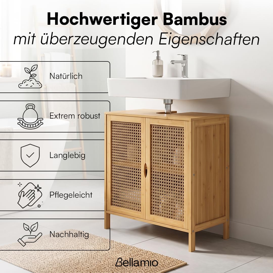 Bellamio Raba Waschbeckenunterschrank 2 Fächer, 2 Türen, aus Bambus/Rattan