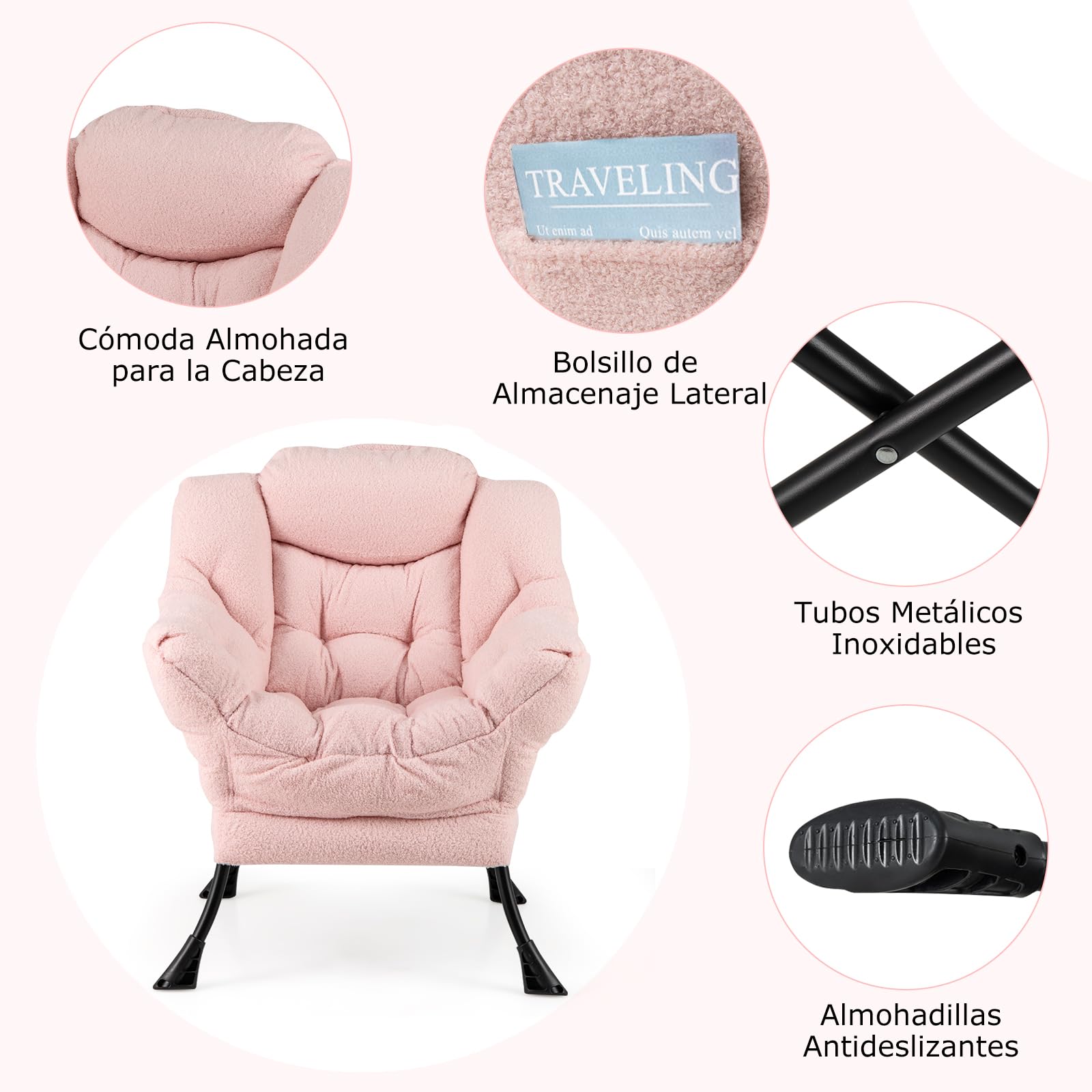 GIANTEX Sillón de Lectura con Reposapiés, Silla Sofá Moderna de Vellón de Imitación con Taburete Plegable, Cojín Suave y Bolsillo Lateral, Sillón de Ocio para Salón, Oficina, Dormitorio (Rosa)
