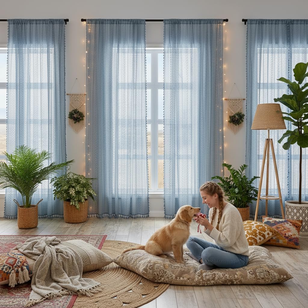 WAZZIO Boho Lace Curtains 84 Inches 2 Panel,Light Filtering Privacy Tassel & Geometry Crochet Semi Sheer Curtain Drapes for Bedroom Living Dining Room,Rod Pocket & Tassel,Light Slate Blue
