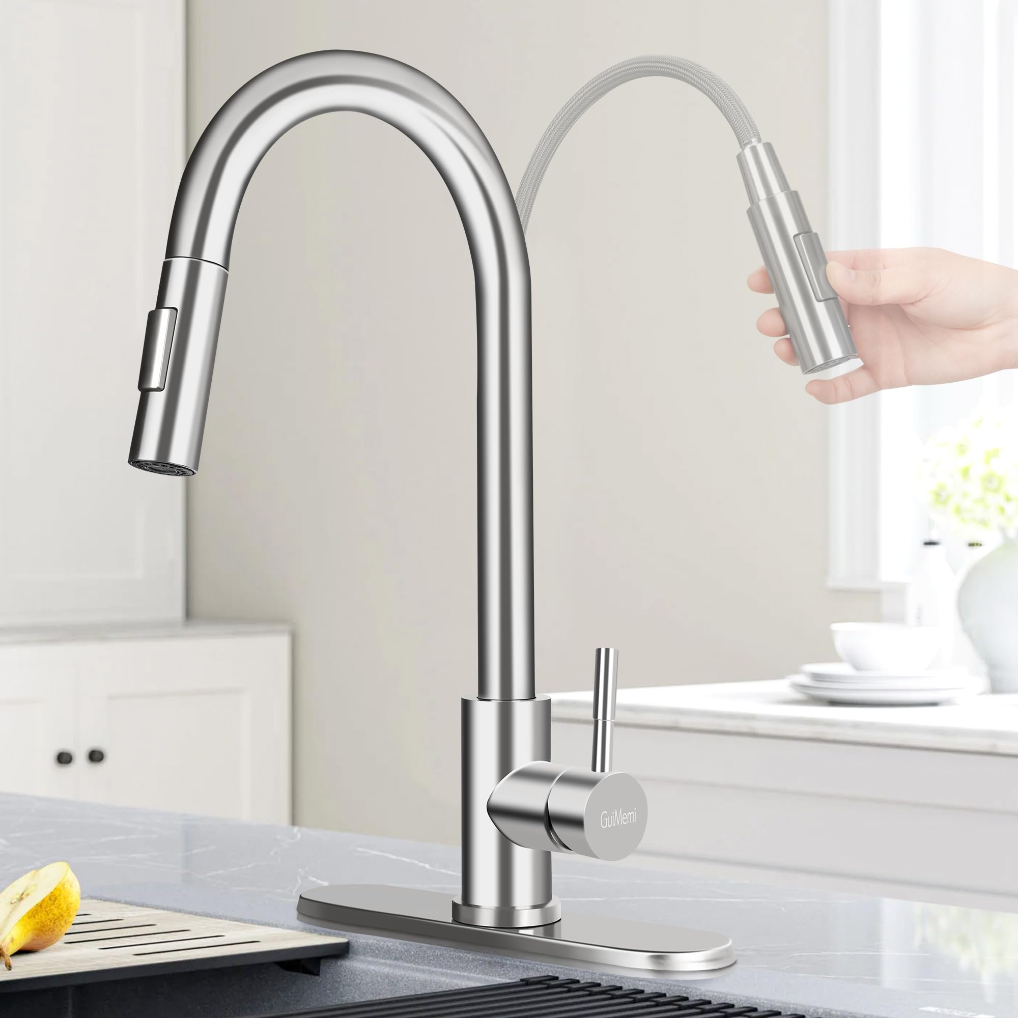 Robinet de Cuisine Moderne Anti-Éclaboussures - Pulvérisateur Extractible à Installation Facile - Robinet d'Évier en Acier Inoxydable avec Plaque de Pont - Tête de Rechange Antirouille