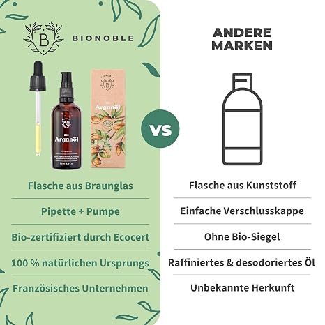 Bionoble Argan Oil Organic Cold Pressed - Hair Face Skin - Morocco - 100 ml 100% Rein Hexanfrei Bio-zertifiziert - Repariert Nährt - Arganöl Haare - Vegan Argan Oil of Morocco - Glasflasche Pipette