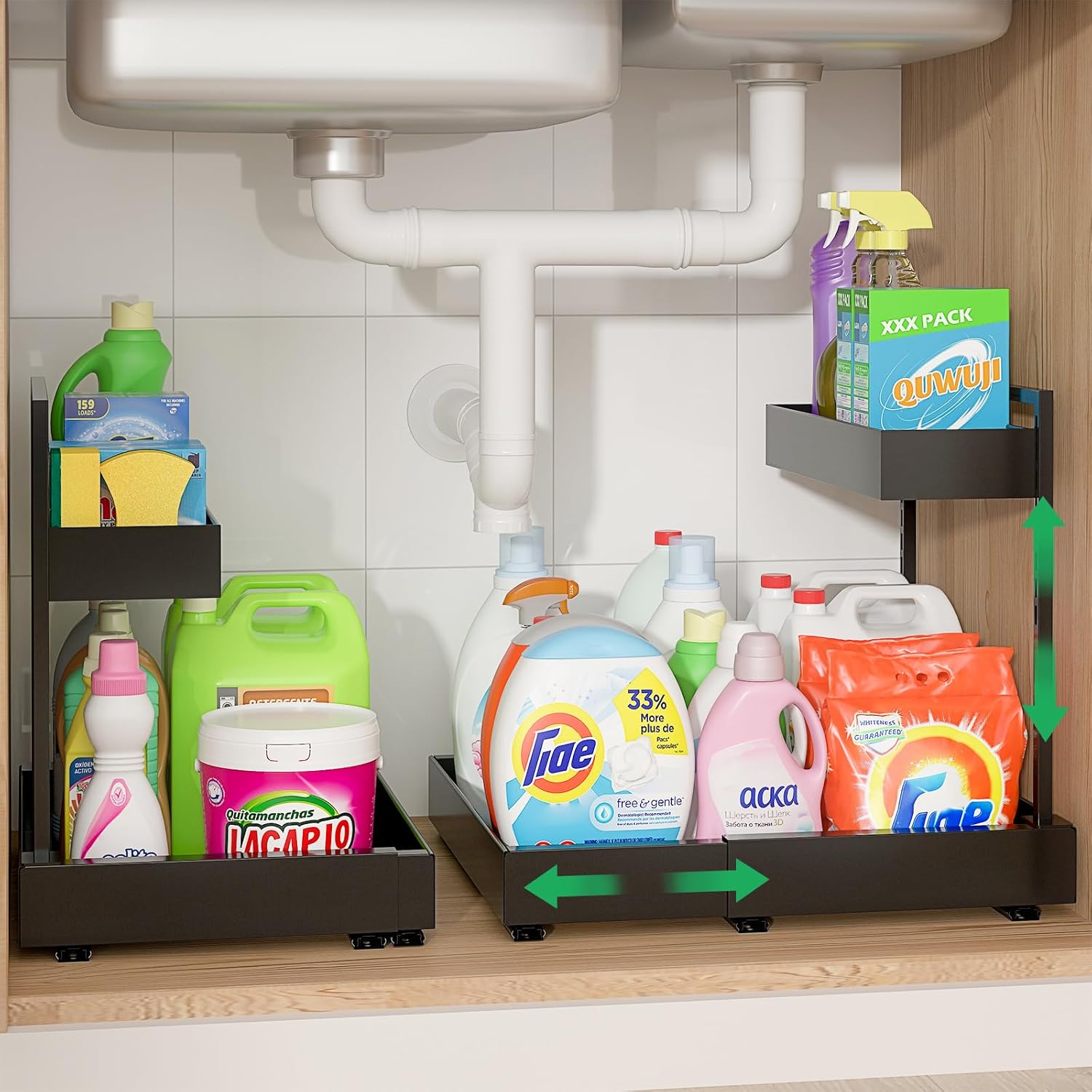 REALINN Expandable Under Sink Organizers and Storage, 2 Tier Under Cabinet Organizer, Heights Adjustable Pull Out Rack for Kitchen Bathroom Laundry, Black, 2 Pack