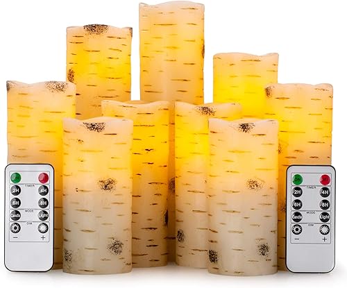 Velas LED parpadeantes sin llama con efecto corteza de abedul, juego de 9 velas de pilar de cera real que funcionan con pilas con control remoto de