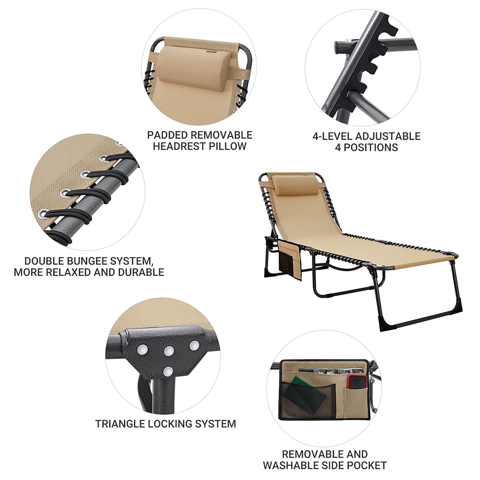 KingCamp 4Position Folding Chaise Lounge Chair for Outside, Sunbathing