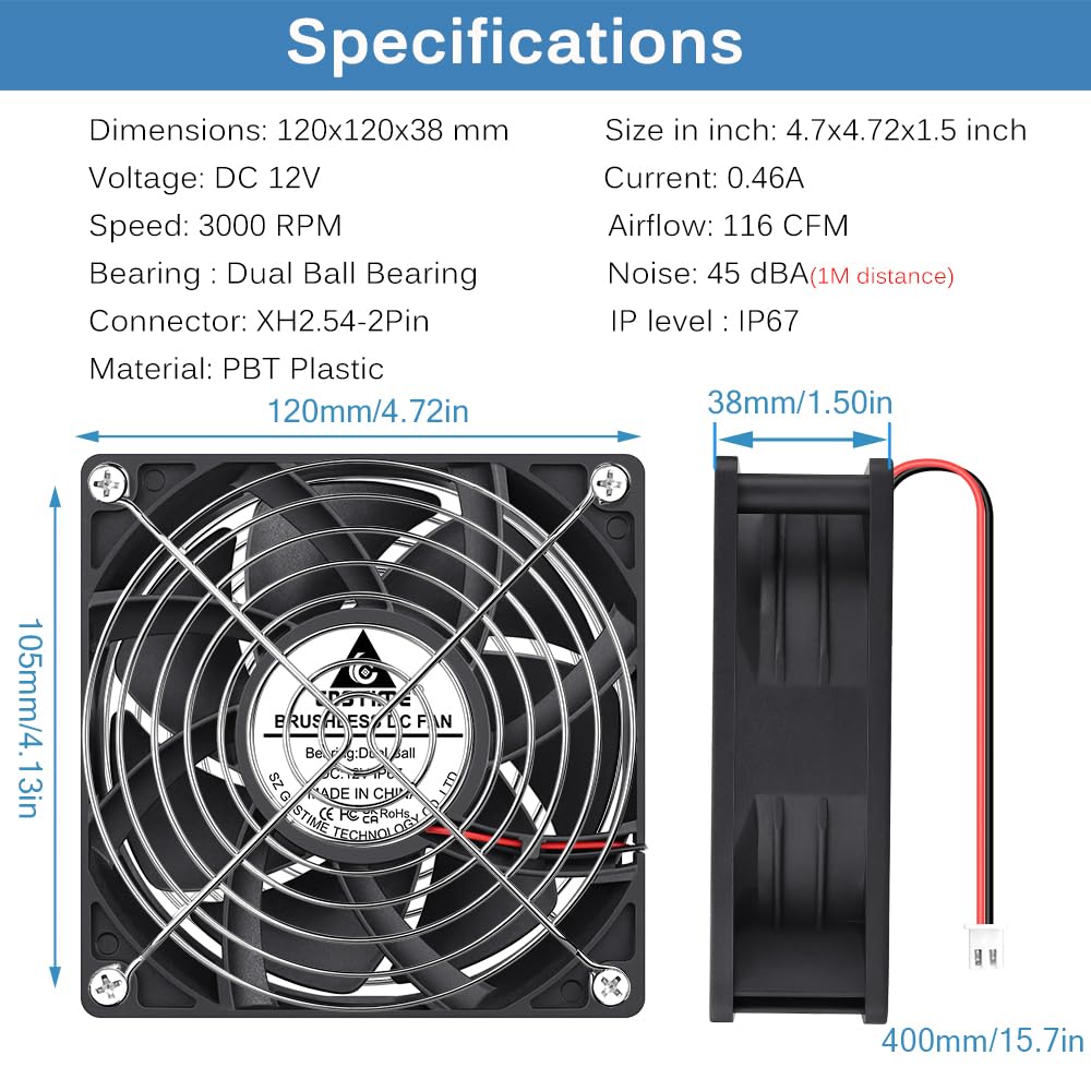 GDSTIME Ventilateur CC 12V 120 mm IP67 120 x 38 mm Ventilateur sans balais Refroidissement à double roulement à billes 3000 tr/min Grand flux d'air Ventilateur de boîtier de 12 cm