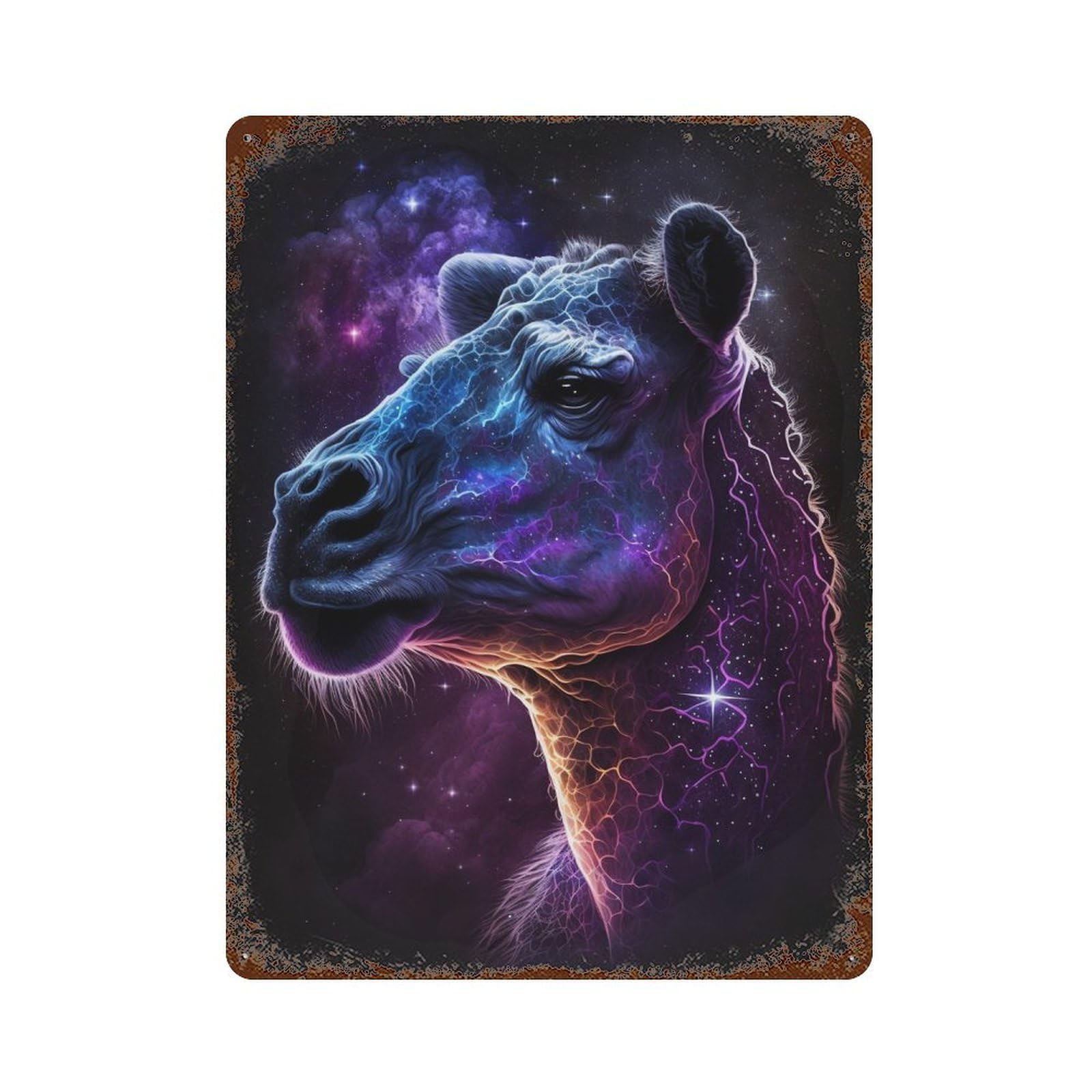 Galaxy Giraffe Art Print Distressed Metal Wall Sign 15.7"x11.8", Rustic Home Decor for Living Room, Hallway And Home Decor