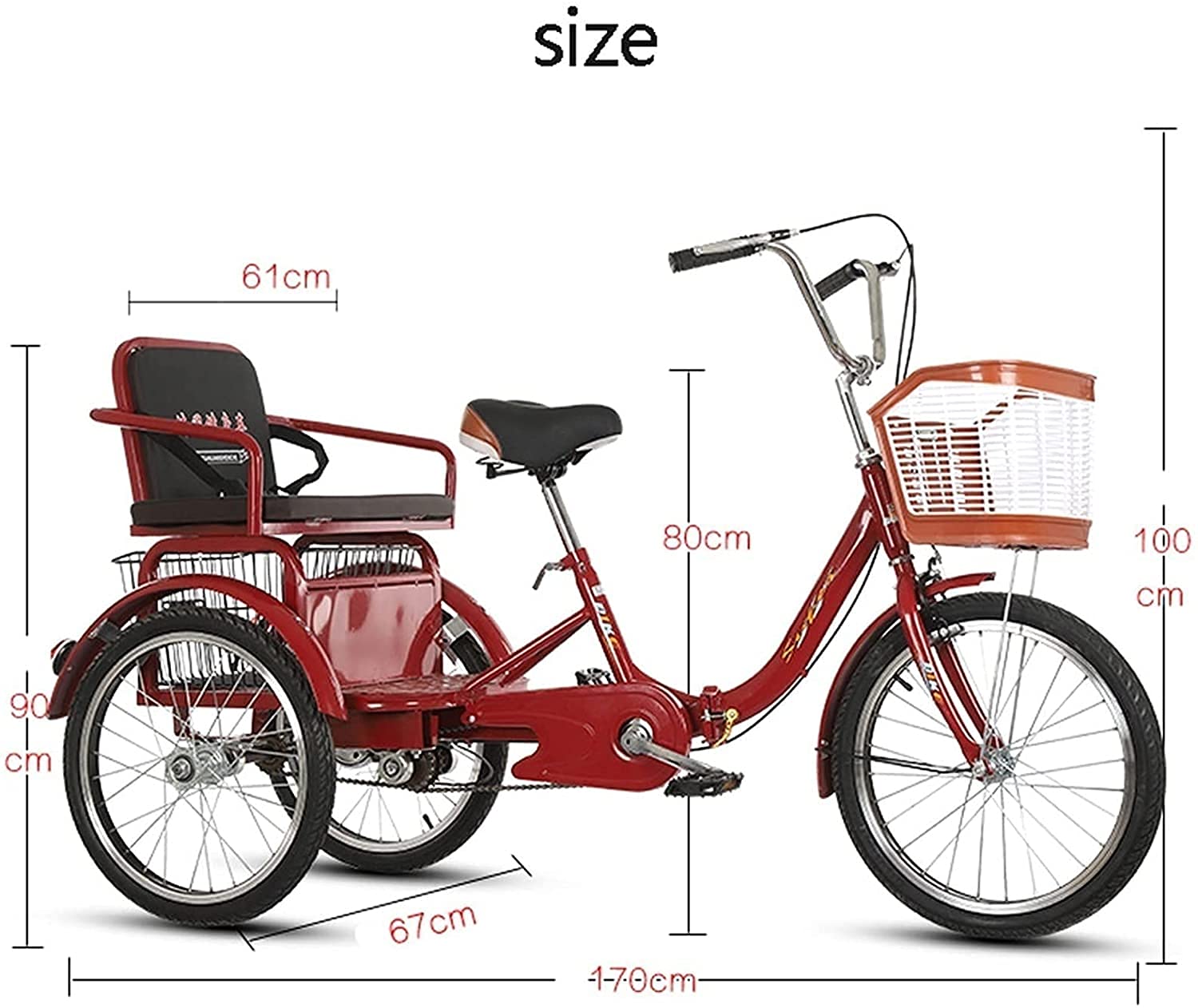 Tricicli di carico per adulti, biciclette da cruc per adulti, triciclo a 1 velocità, trike a 3 ruote, bicicletta per shopping, picnic, sport all'aria aperta, con forcella anteriore ammortizzata e