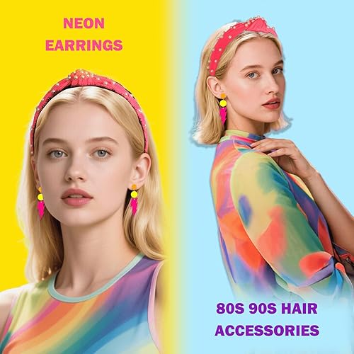 Miniatura 3 de Aretes y diadema de neón de los años 80 y 90, diadema anudada con perlas de acrílico, aretes de gota de acrílico, accesorios de fiesta de disfraces