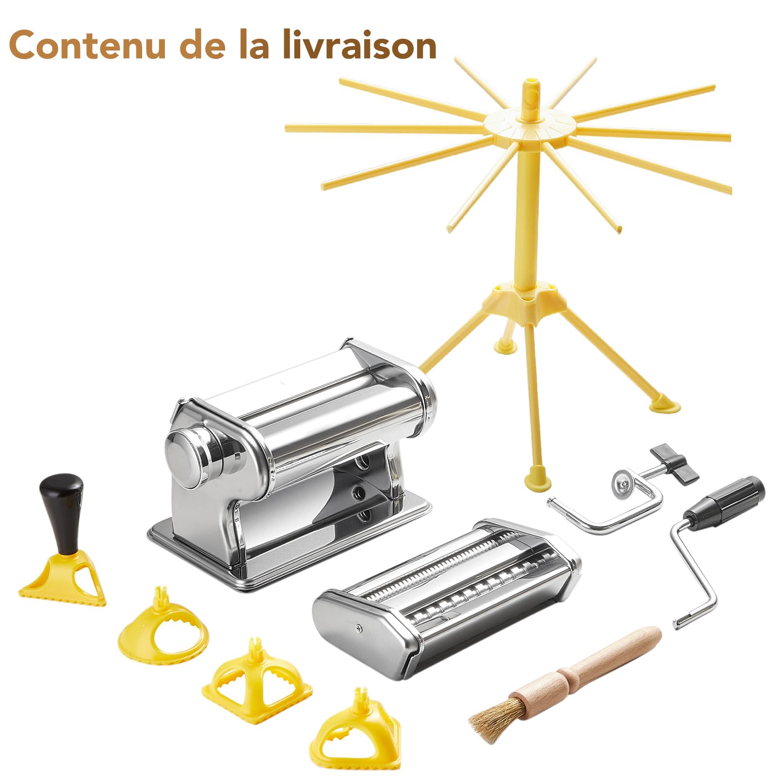 ROSSETTO Machine à pâtes manuelle avec séchoir – En acier inoxydable avec 9 épaisseurs de pâte et 2 largeurs de coupe – Pour lasagnes, spaghettis, fettuccine – Raviolis